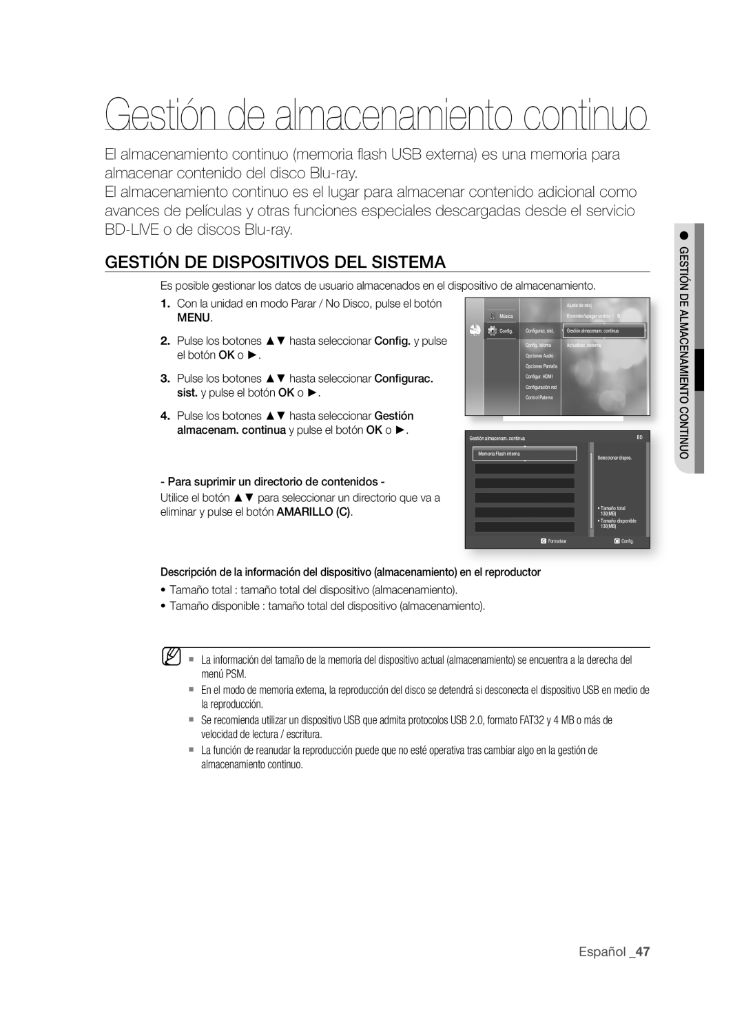 Samsung BD-P1500/MEA, BD-P1500/UMG manual Gestión de almacenamiento continuo, GeStiÓn de diSPOSitivOS deL SiSteMA 