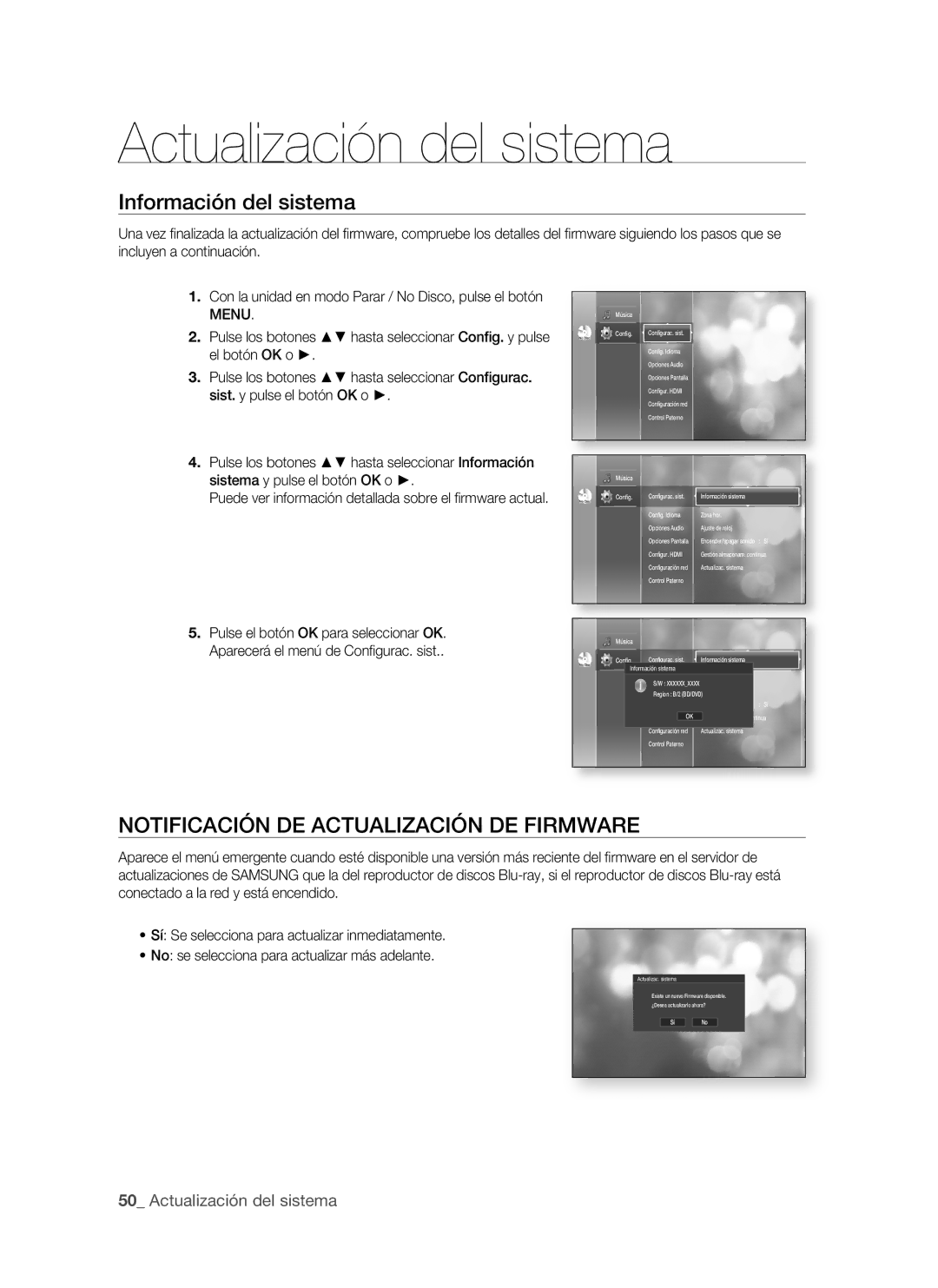 Samsung BD-P1500/UMG Información del sistema, NOtificAciÓn de ActUALizAciÓn de firMWAre, 0 Actualización del sistema 