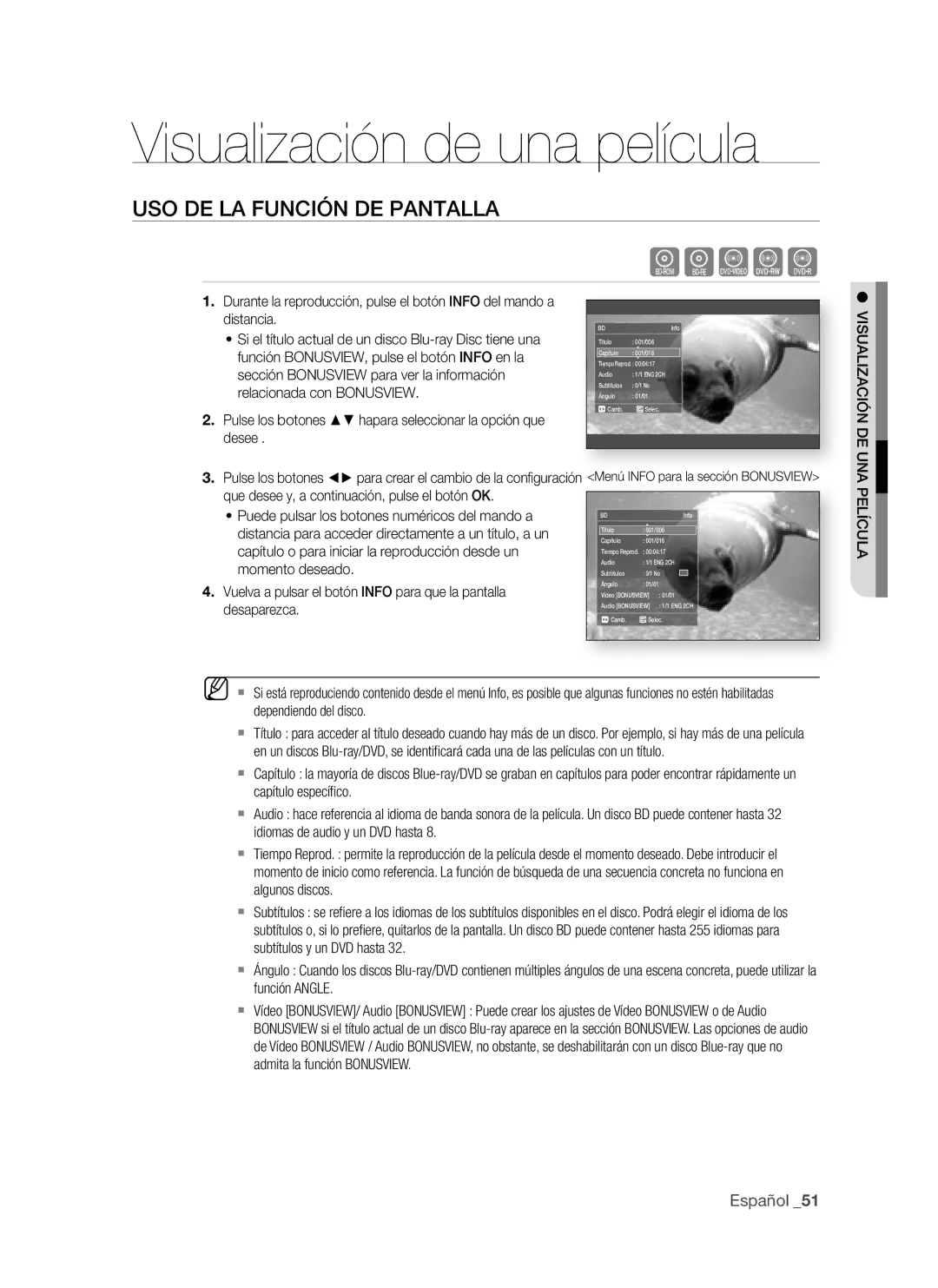 Samsung BD-P1500/MEA, BD-P1500/UMG manual Visualización de una película, USO de LA fUnciÓn de PAntALLA, ViSUALizAciÓn de UnA 