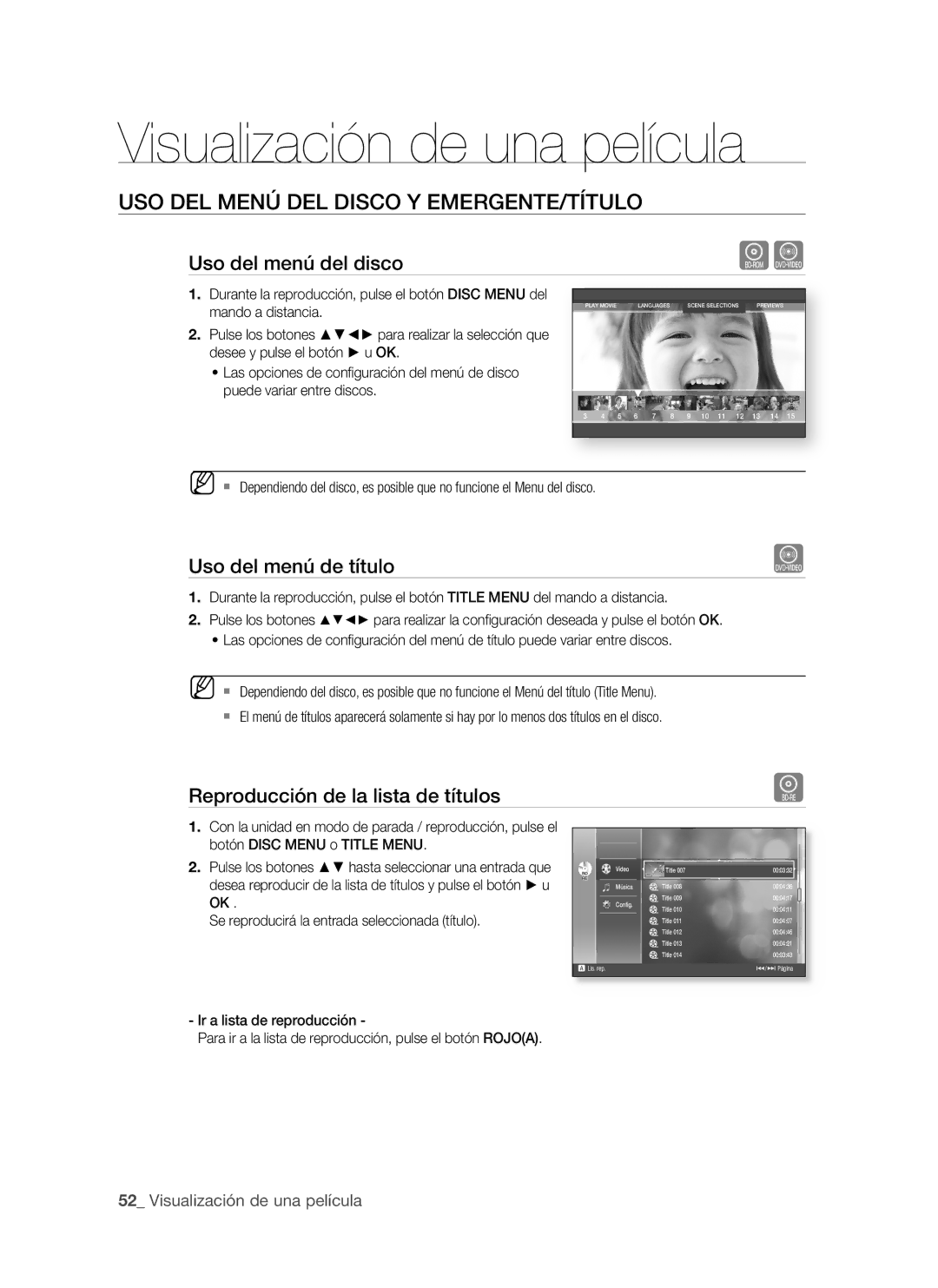 Samsung BD-P1500/UMG manual USO deL Menú deL diScO Y eMerGente/tÍtULO, Uso del menú del disco, Uso del menú de título 