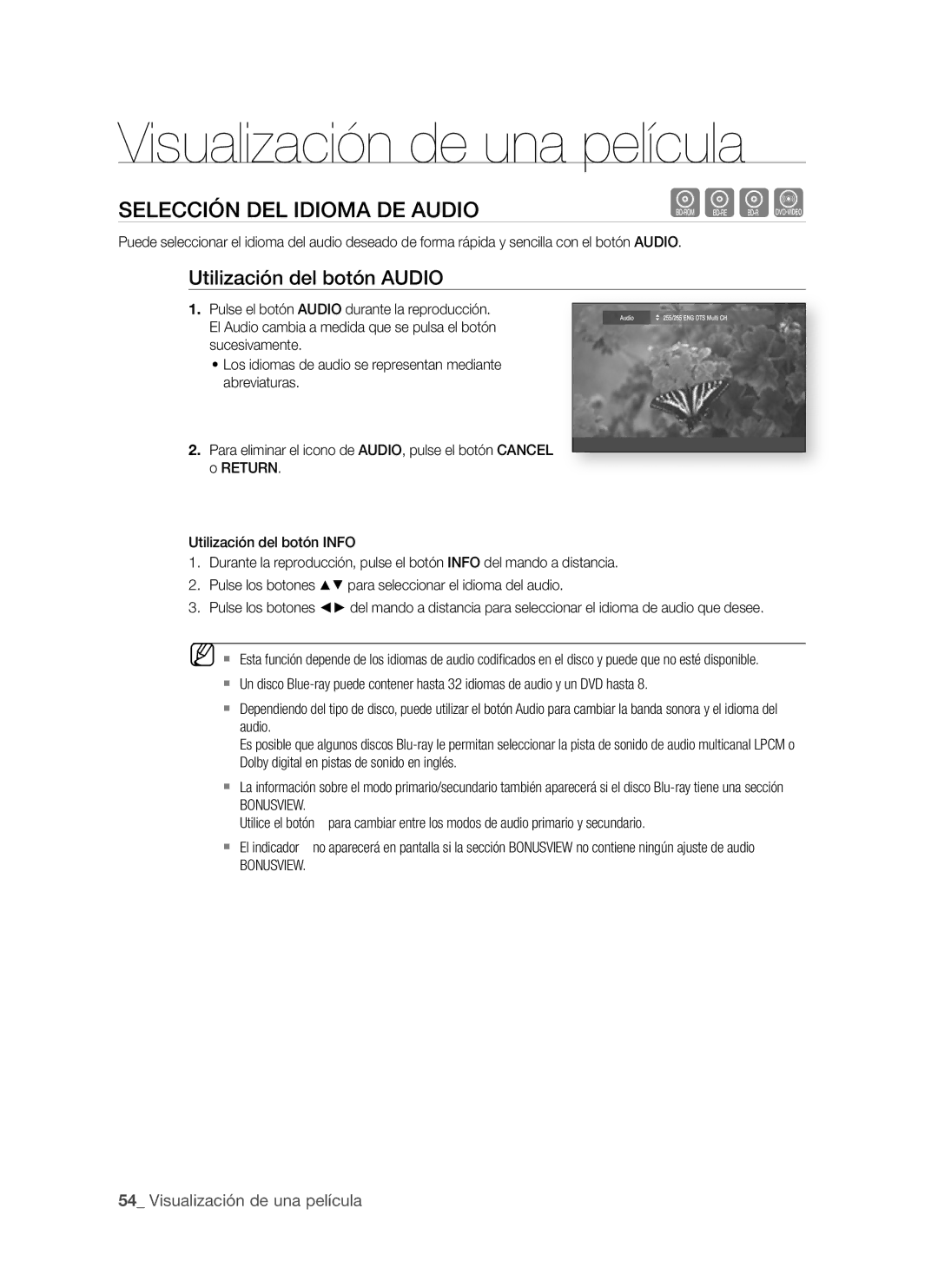 Samsung BD-P1500/UMG manual SeLecciÓn deL idiOMA de AUdiO, Utilización del botón AUdiO,  Visualización de una película 