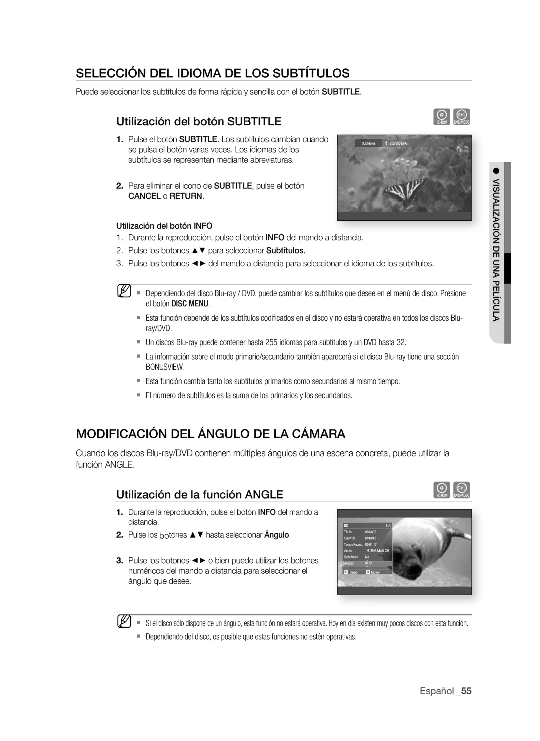 Samsung BD-P1500/MEA, BD-P1500/UMG manual SeLecciÓn deL idiOMA de LOS SUBtÍtULOS, MOdificAciÓn deL ánGULO de LA cáMArA 