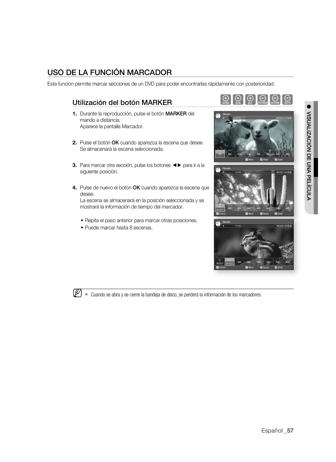 Samsung BD-P1500/MEA, BD-P1500/UMG USO de LA fUnciÓn MArcAdOr, Utilización del botón MArKer, Puede marcar hasta 8 escenas 