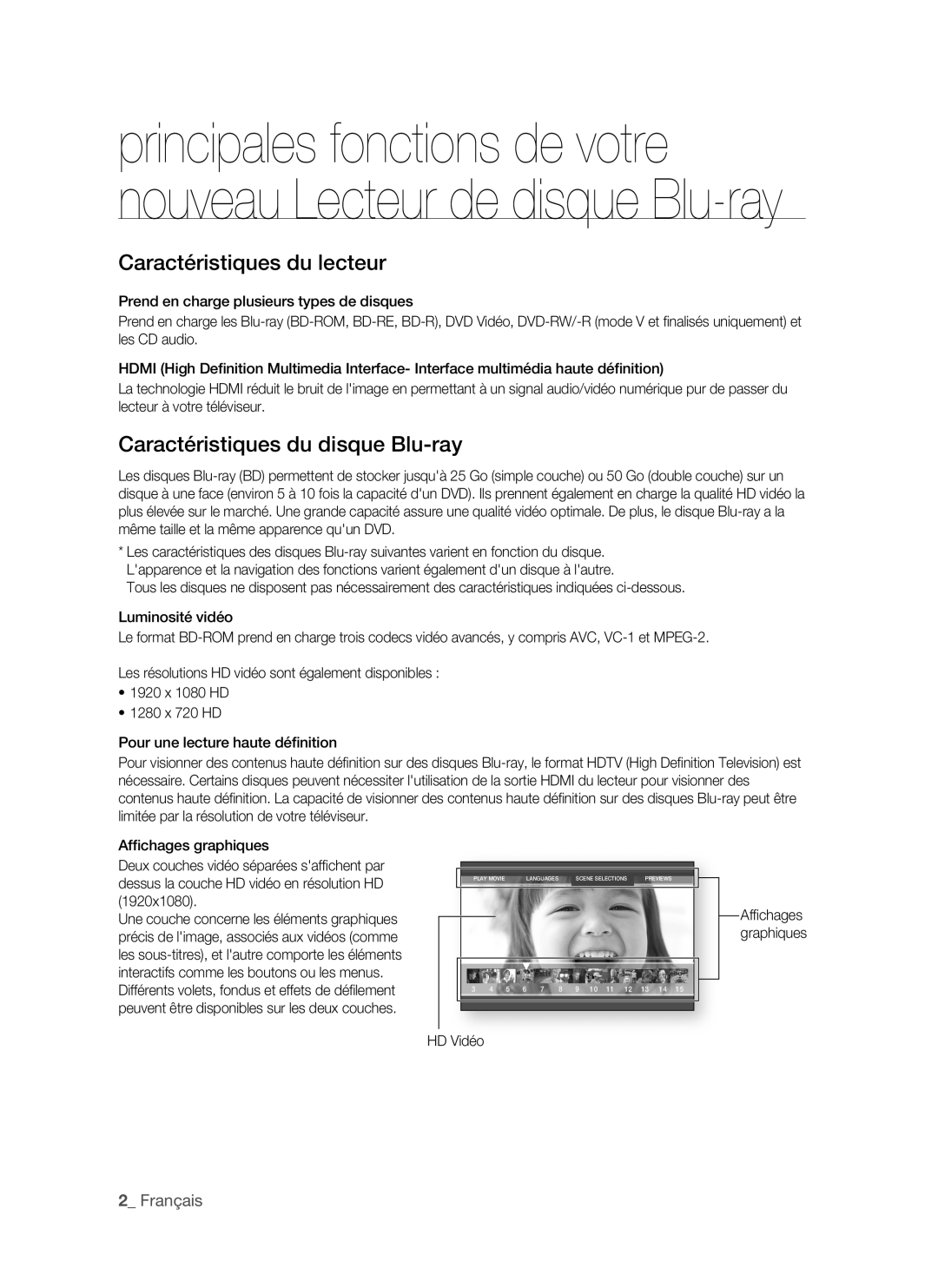 Samsung BD-P1500/MEA, BD-P1500/UMG Caractéristiques du lecteur, Caractéristiques du disque Blu-ray, Français, HD Vidéo 