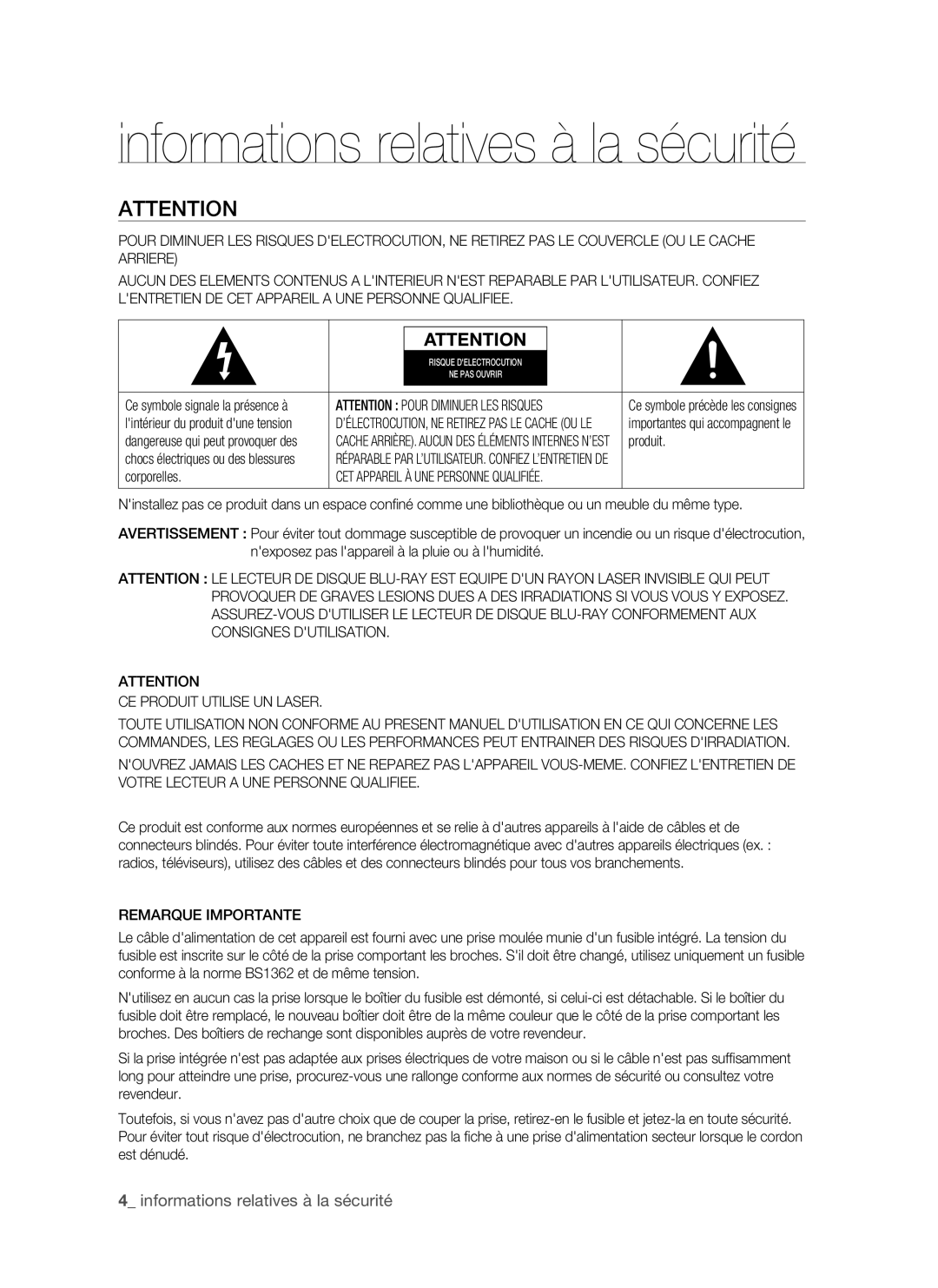 Samsung BD-P1500/MEA, BD-P1500/UMG  informations relatives à la sécurité, Corporelles, CE Produit Utilise UN Laser 