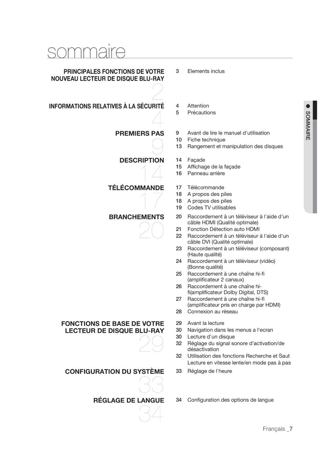 Samsung BD-P1500/UMG, BD-P1500/MEA manual Sommaire, 33 Réglage de lheure Osmma 