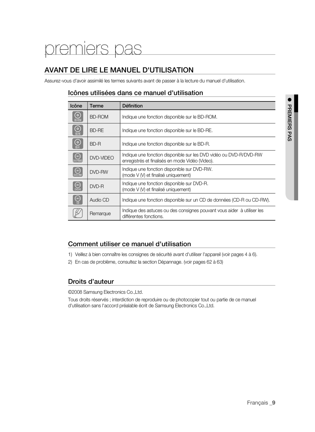 Samsung BD-P1500/UMG Premiers pas, Avant de lire le manuel dutilisation, Icônes utilisées dans ce manuel dutilisation 