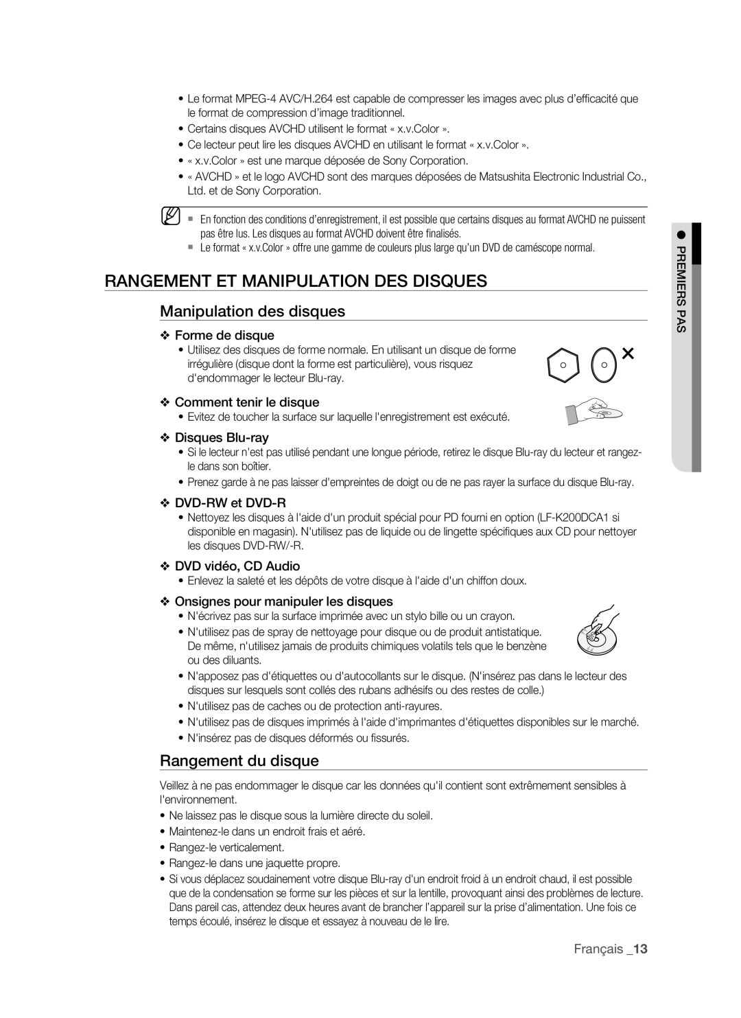 Samsung BD-P1500/UMG, BD-P1500/MEA Rangement et manipulation des disques, Manipulation des disques, Rangement du disque 