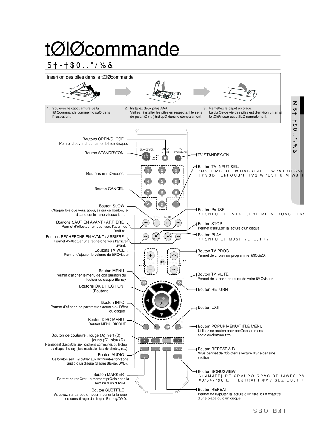 Samsung BD-P1500/UMG, BD-P1500/MEA manual Télécommande, TéLéCoMMAnDe 