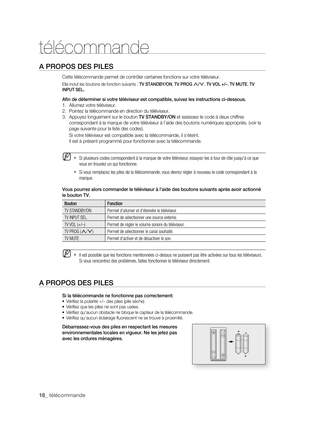 Samsung BD-P1500/MEA, BD-P1500/UMG manual PRoPoS DeS PiLeS,  télécommande 