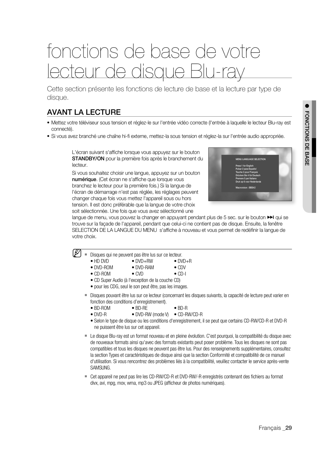 Samsung BD-P1500/UMG manual AVAnt LA LeCtURe, Hd Dvd Dvd+Rw, Dvd-Rom Dvd-Ram Cdv Cd-Rom Cvd, Samsung, FonCtionS De BASe 