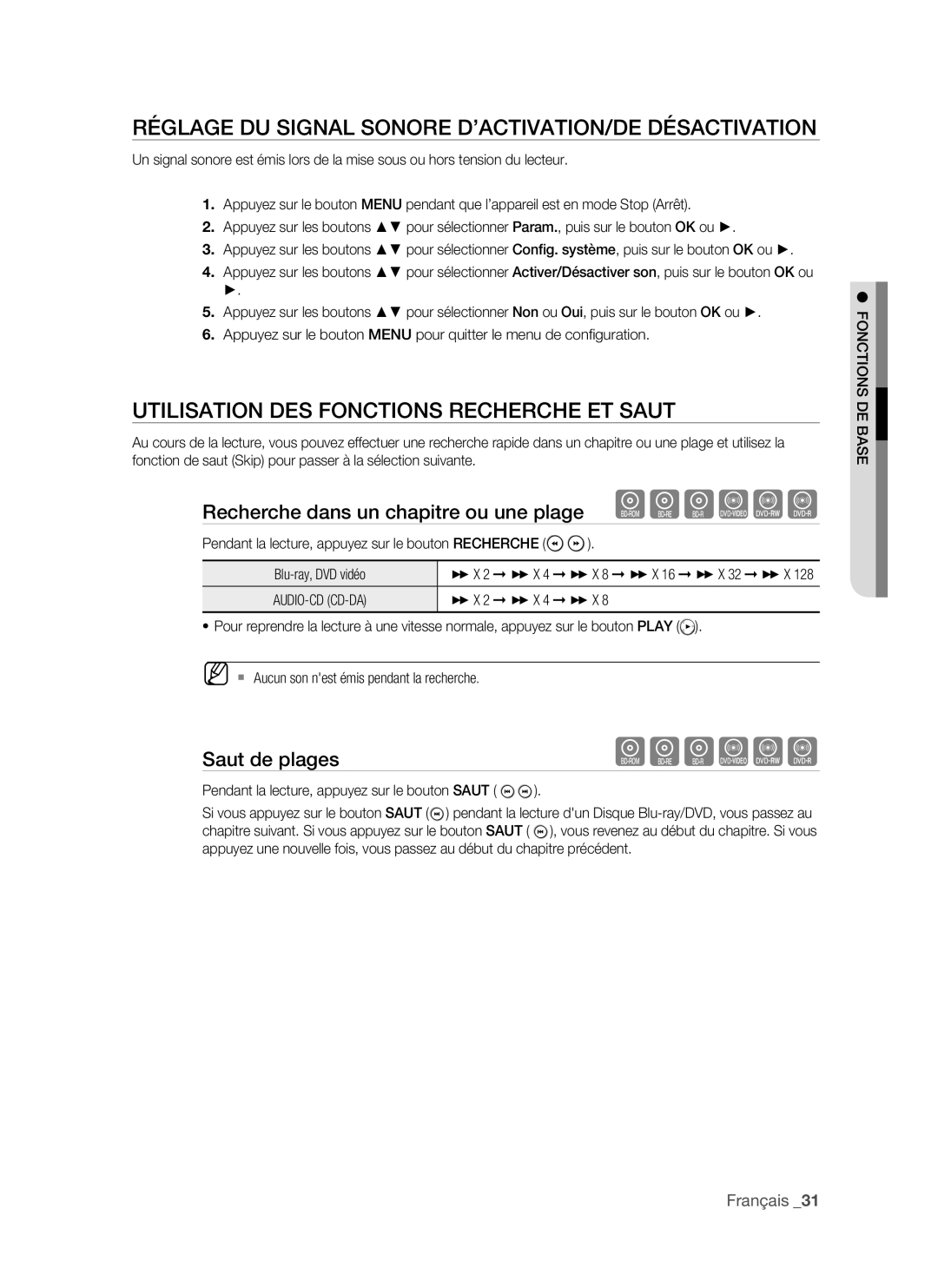 Samsung BD-P1500/UMG Réglage du signal sonore d’activation/de désactivation, Utilisation des fonctions Recherche et Saut 