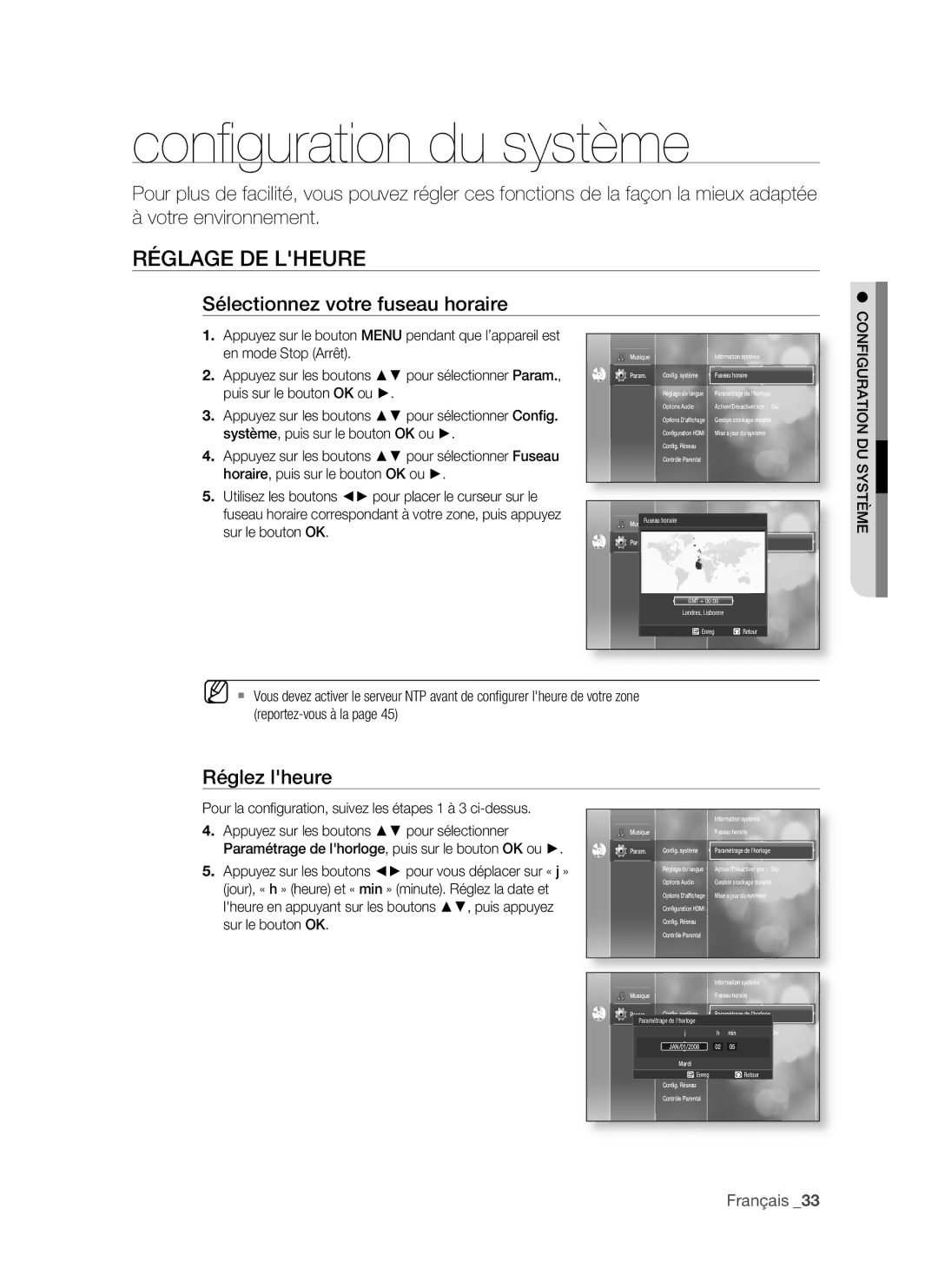 Samsung BD-P1500/UMG manual Conﬁ guration du système, RégLAge De LheURe, Sélectionnez votre fuseau horaire, Réglez lheure 