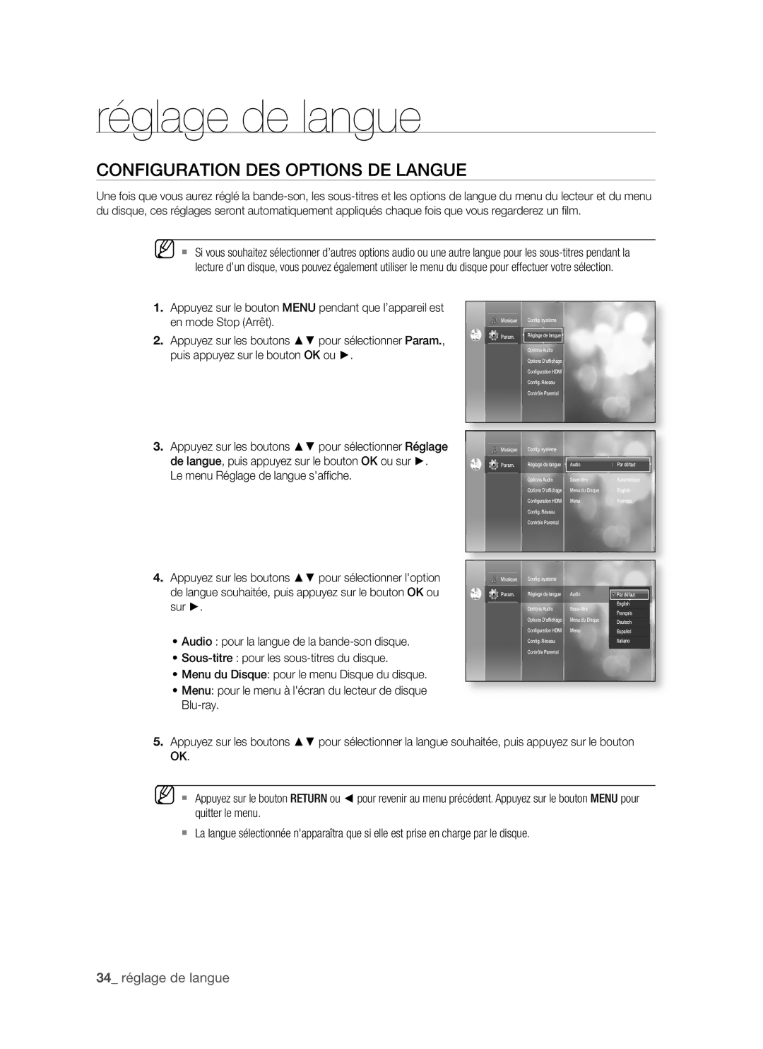 Samsung BD-P1500/MEA, BD-P1500/UMG manual Réglage de langue, ConfigURAtion DeS oPtionS De LAngUe,  réglage de langue 