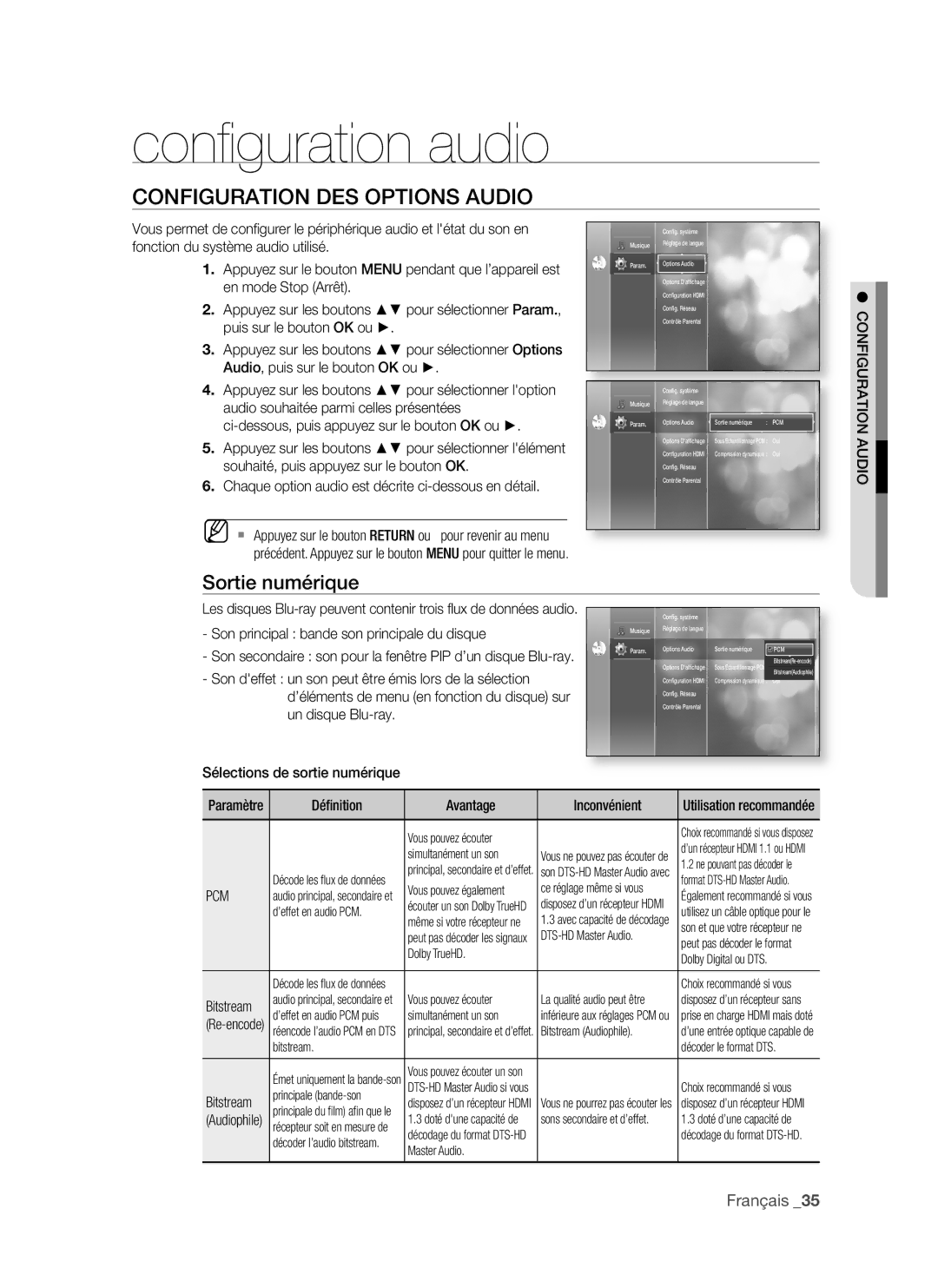 Samsung BD-P1500/UMG, BD-P1500/MEA Conﬁ guration audio, ConfigURAtion DeS oPtionS AUDio, Sortie numérique, Français 3 