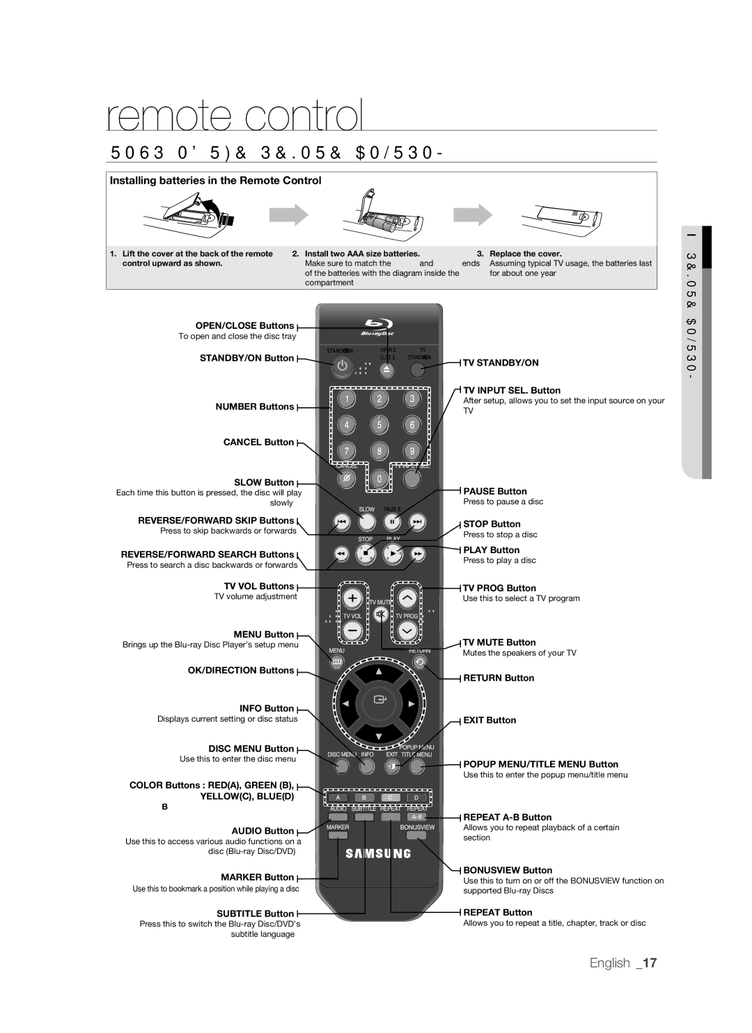 Samsung BD-P1500/UMG, BD-P1500/MEA manual Remote control, TOUr of the rEMOTE COnTrOL 