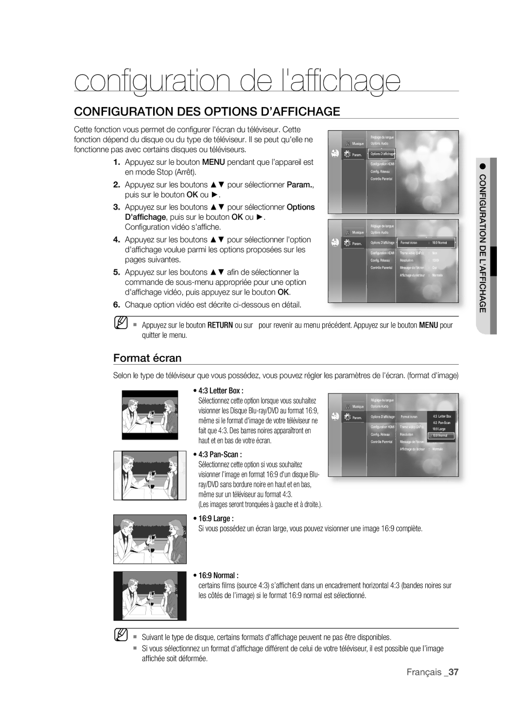 Samsung BD-P1500/UMG, BD-P1500/MEA manual Conﬁ guration de lafﬁ chage, Format écran 