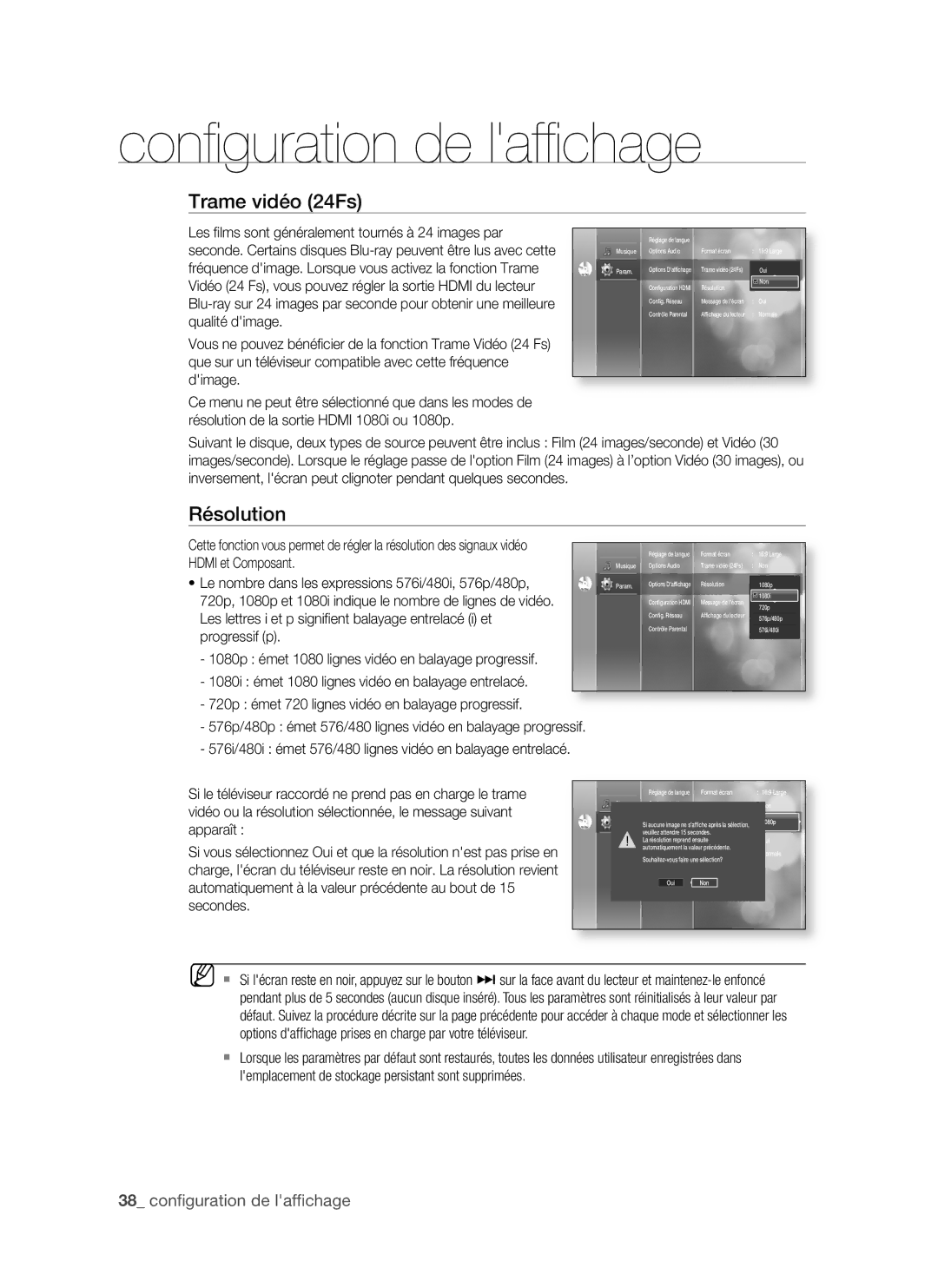 Samsung BD-P1500/MEA Résolution,  confi guration de laffi chage, Les fi lms sont généralement tournés à 24 images par 