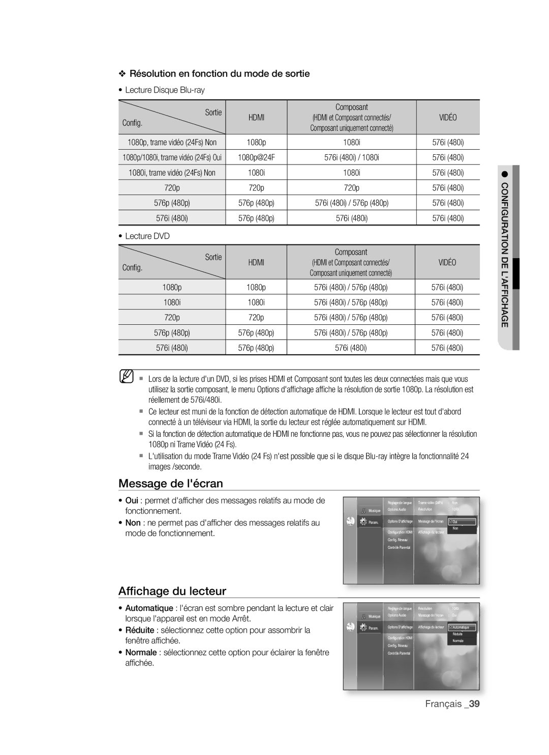 Samsung BD-P1500/UMG, BD-P1500/MEA manual Message de lécran, Affichage du lecteur, Résolution en fonction du mode de sortie 