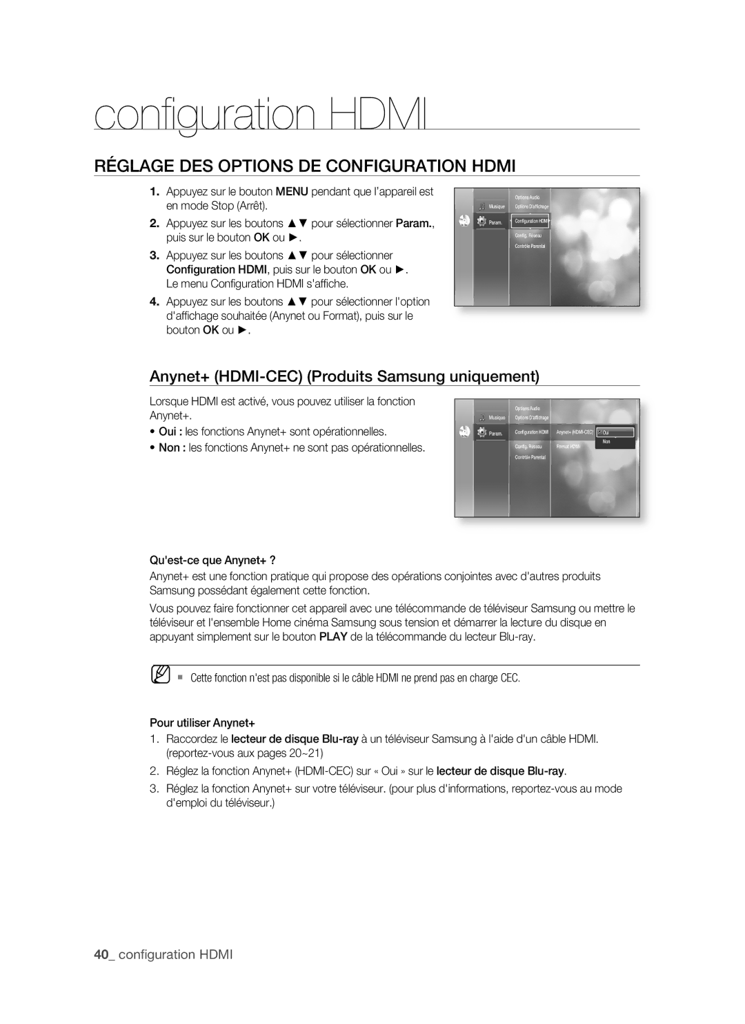 Samsung BD-P1500/MEA, BD-P1500/UMG Conﬁ guration Hdmi, RégLAge DeS oPtionS De ConfigURAtion hDMi, 0 confi guration Hdmi 