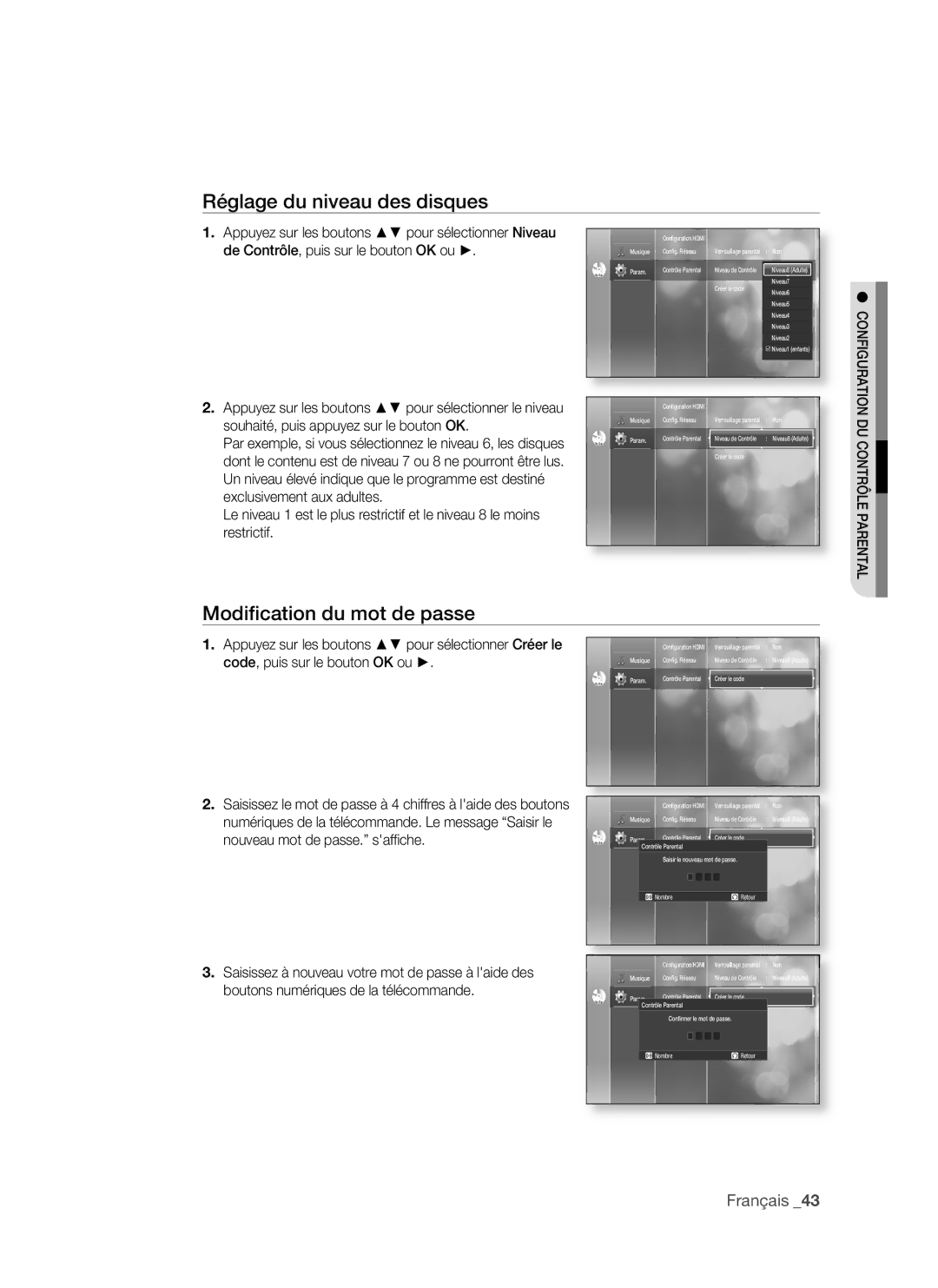 Samsung BD-P1500/UMG, BD-P1500/MEA manual Réglage du niveau des disques, Modification du mot de passe, Français 3 