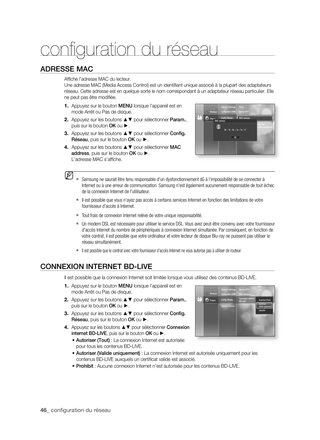 Samsung BD-P1500/MEA manual Conﬁ guration du réseau, ADReSSe MAC, ConneXion inteRnet BD-LiVe, Mode Arrêt ou Pas de disque 