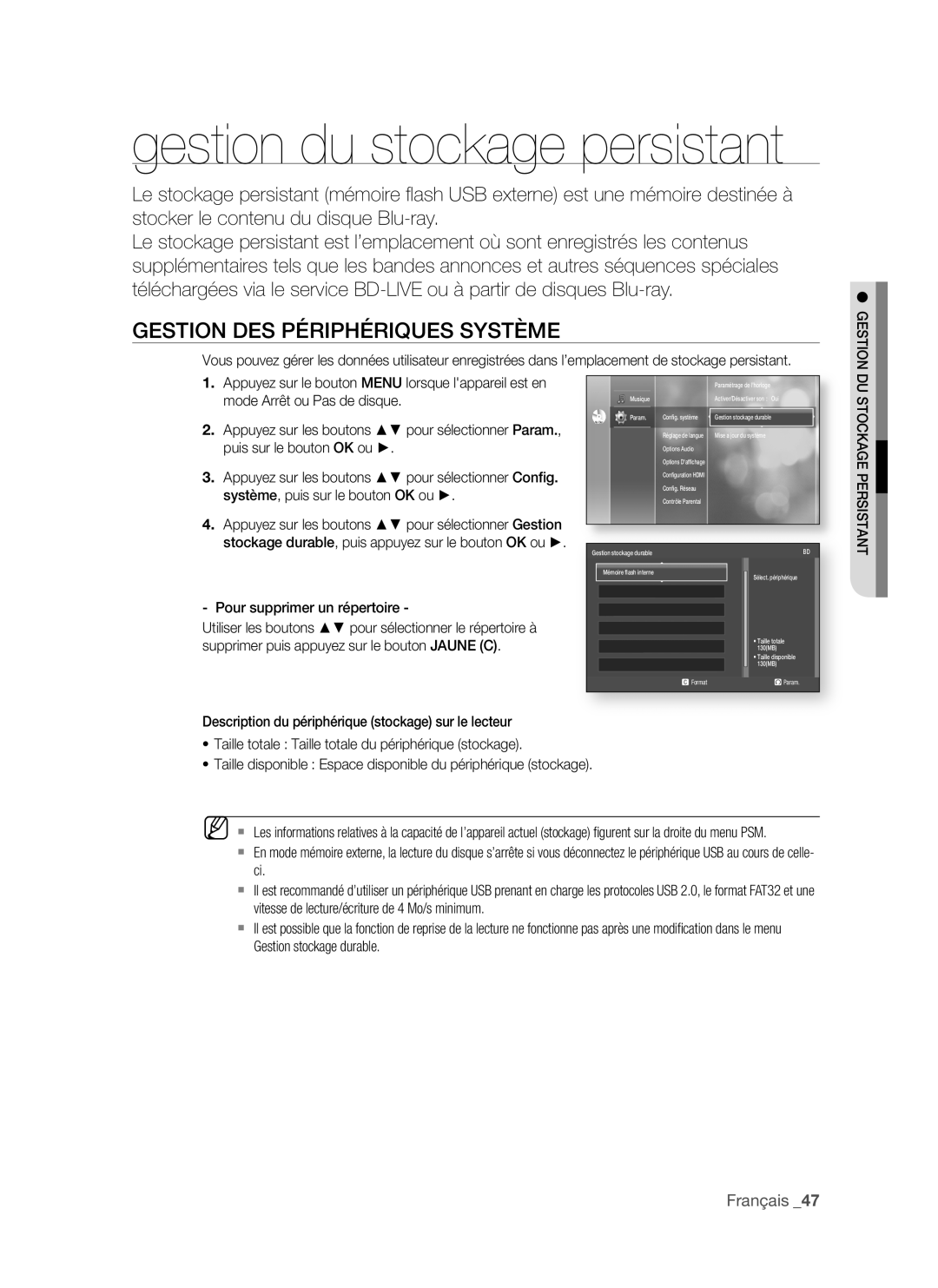 Samsung BD-P1500/UMG, BD-P1500/MEA manual GeStion DeS PéRiPhéRiQUeS SYStèMe, Pour supprimer un répertoire 