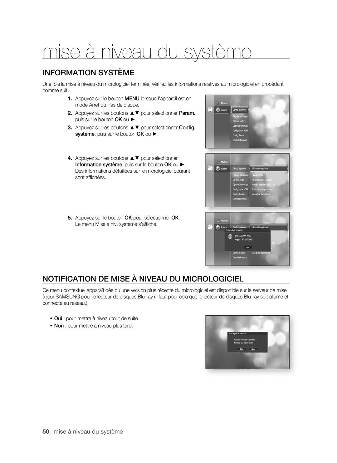 Samsung BD-P1500/MEA InfoRMAtion SYStèMe, NotifiCAtion De MiSe à niVeAU DU MiCRoLogiCieL, 0 mise à niveau du système 