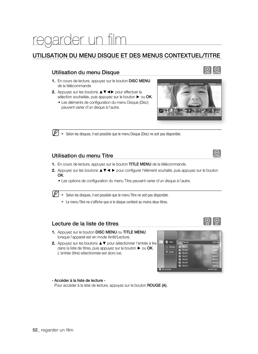 Samsung BD-P1500/MEA, BD-P1500/UMG UtiLiSAtion DU MenU DiSQUe et DeS MenUS ConteXtUeL/titRe, Utilisation du menu Disque 