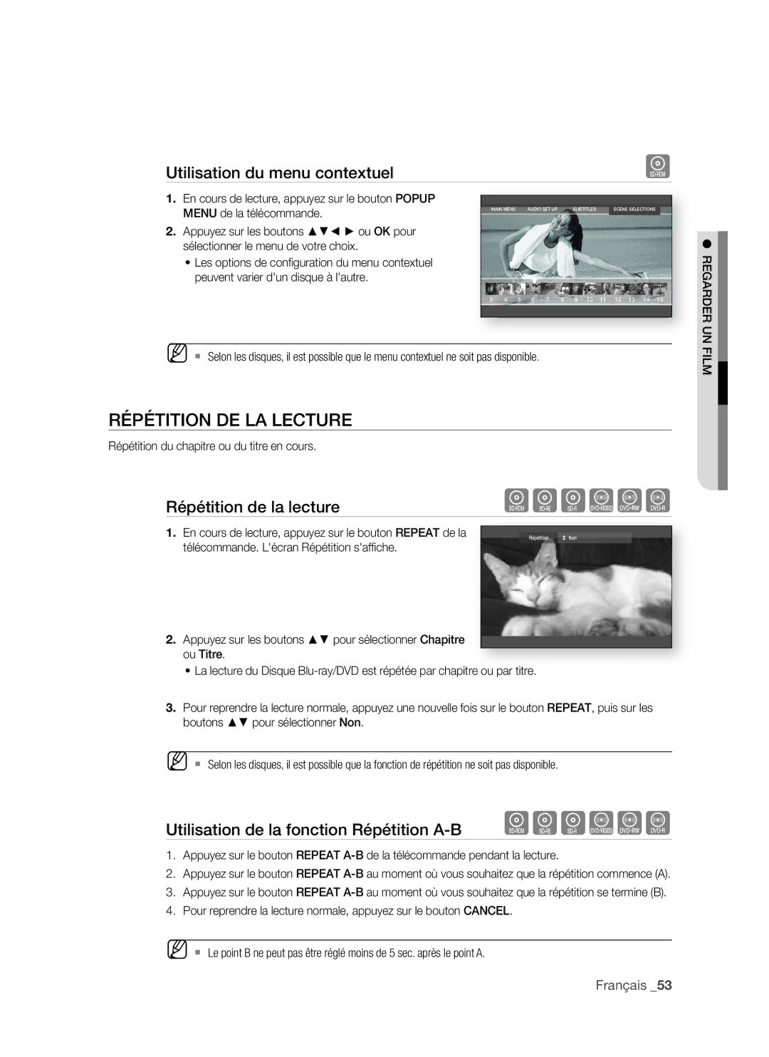 Samsung BD-P1500/UMG, BD-P1500/MEA manual RéPétition De LA LeCtURe, Utilisation du menu contextuel, Répétition de la lecture 