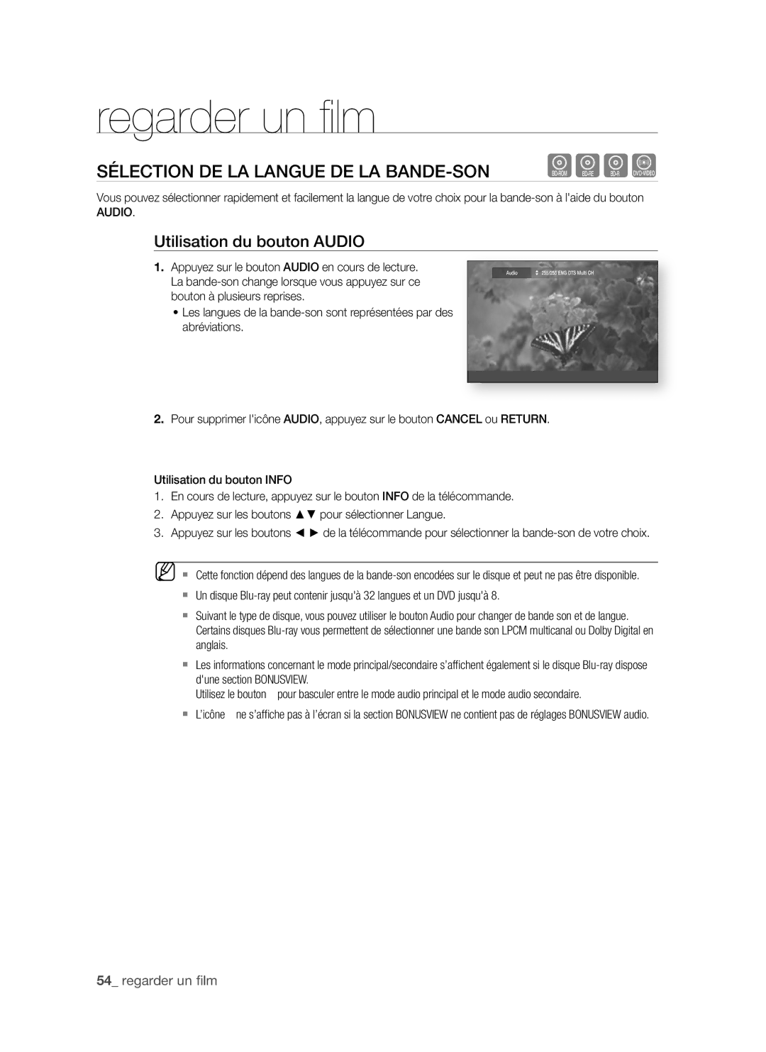 Samsung BD-P1500/MEA manual SéLeCtion De LA LAngUe De LA BAnDe-Son, Utilisation du bouton AUDio,  regarder un fi lm 