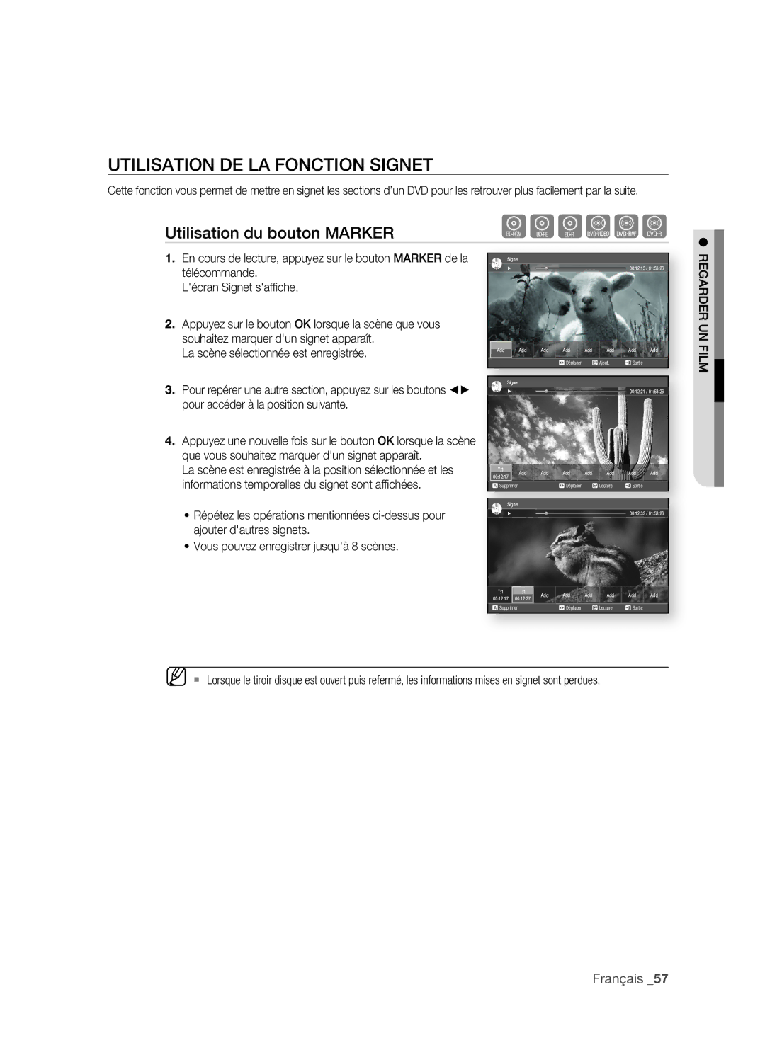 Samsung BD-P1500/UMG, BD-P1500/MEA manual UtiLiSAtion De LA fonCtion Signet, Utilisation du bouton MARKeR 