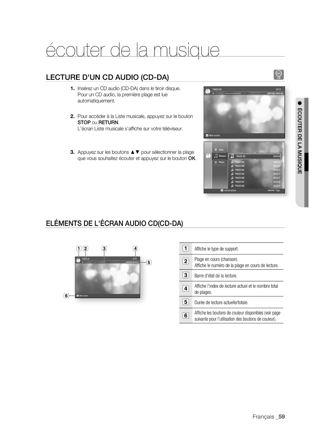 Samsung BD-P1500/UMG, BD-P1500/MEA Écouter de la musique, LeCtURe DUn CD AUDio CD-DA, ELéMentS De LéCRAn AUDio CDCD-DA 