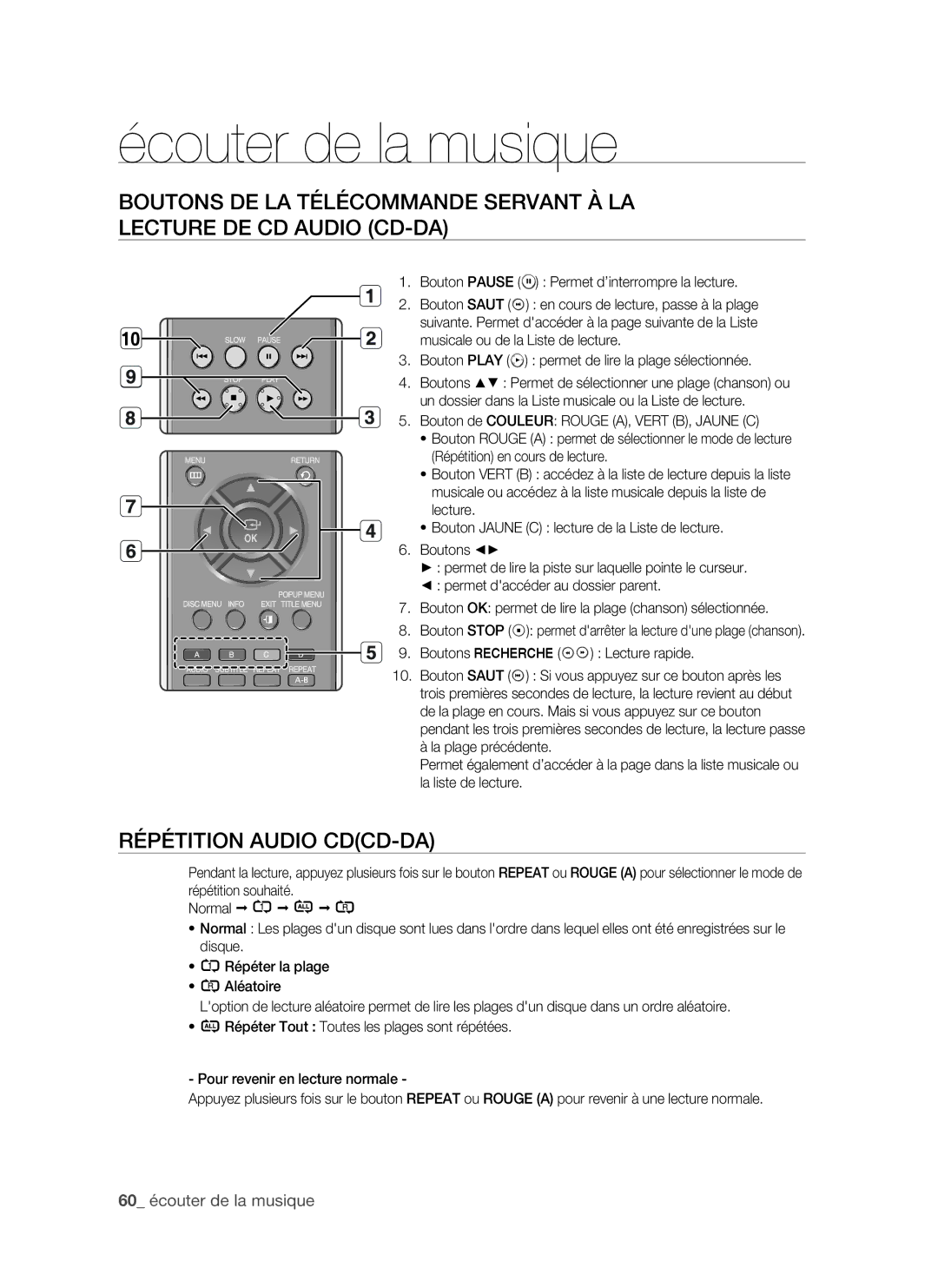 Samsung BD-P1500/MEA Répétition Audio CDCD-DA, 60 écouter de la musique, Bouton Pause Permet d’interrompre la lecture 