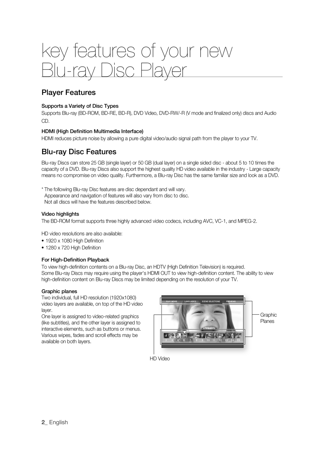 Samsung BD-P1500/MEA, BD-P1500/UMG manual Player Features, Blu-ray Disc Features, English, Graphic Planes HD Video 