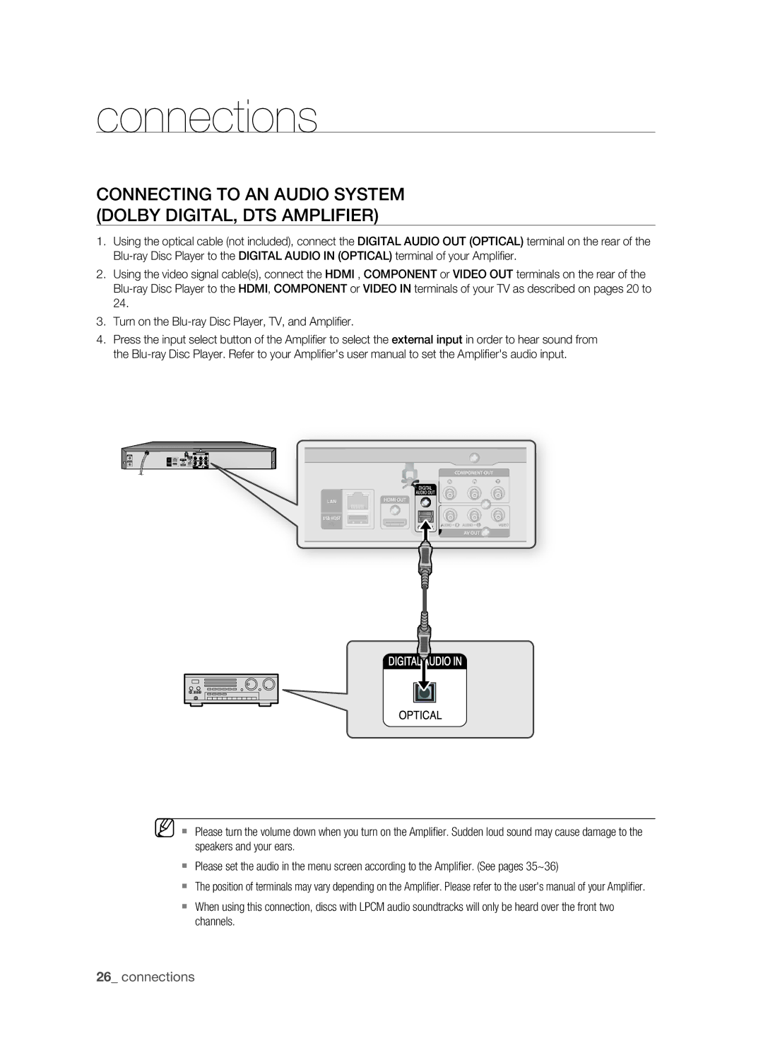 Samsung BD-P1500/MEA, BD-P1500/UMG manual Connecting to an Audio System Dolby Digital, DTS Amplifier, Connections 