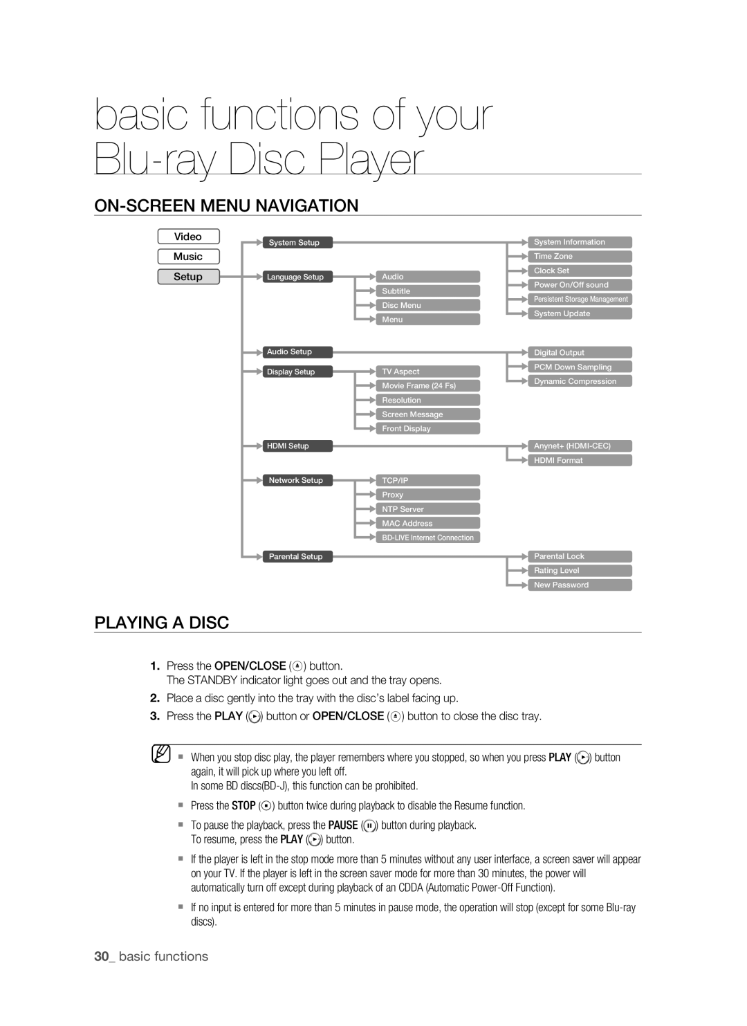 Samsung BD-P1500/MEA, BD-P1500/UMG manual On-Screen Menu Navigation, Playing a Disc, Basic functions 