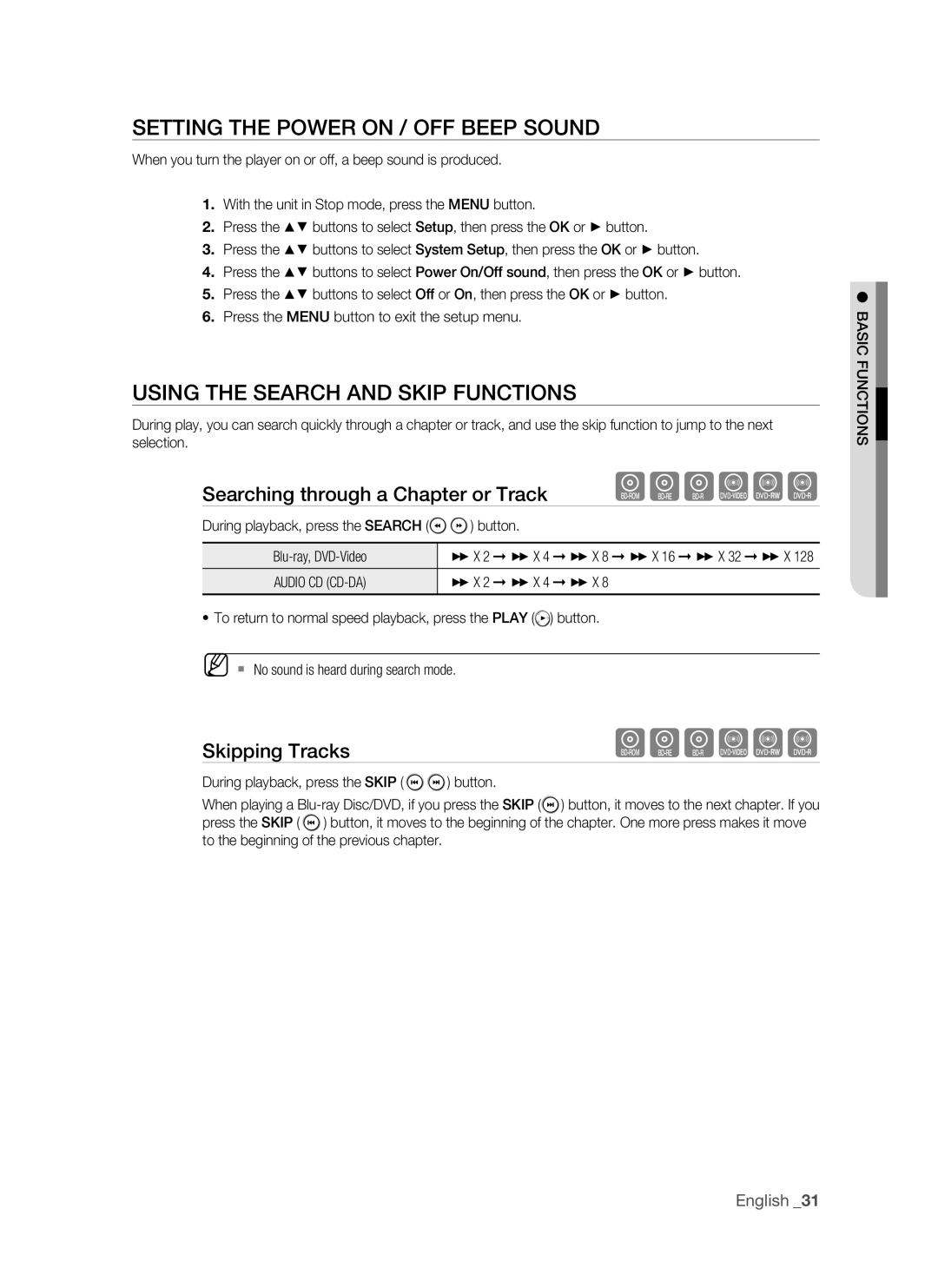 Samsung BD-P1500/UMG manual Setting the Power On / Off Beep sound, Using the Search and Skip Functions, Skipping Tracks 