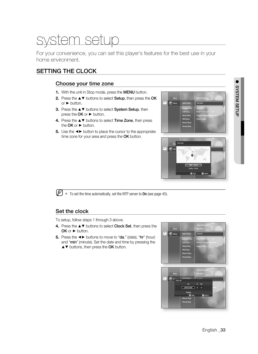 Samsung BD-P1500/UMG, BD-P1500/MEA manual System setup, SETTing the Clock, Choose your time zone, Set the clock 