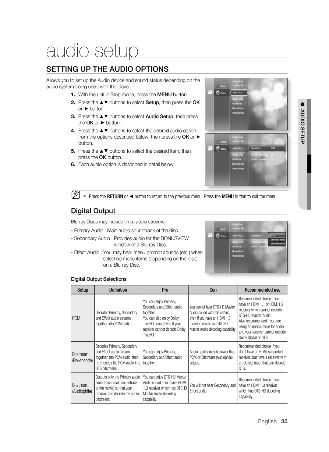 Samsung BD-P1500/UMG, BD-P1500/MEA manual Audio setup, SETTing UP the aUDiO OPTiOnS, Digital Output, English 3, Pcm 