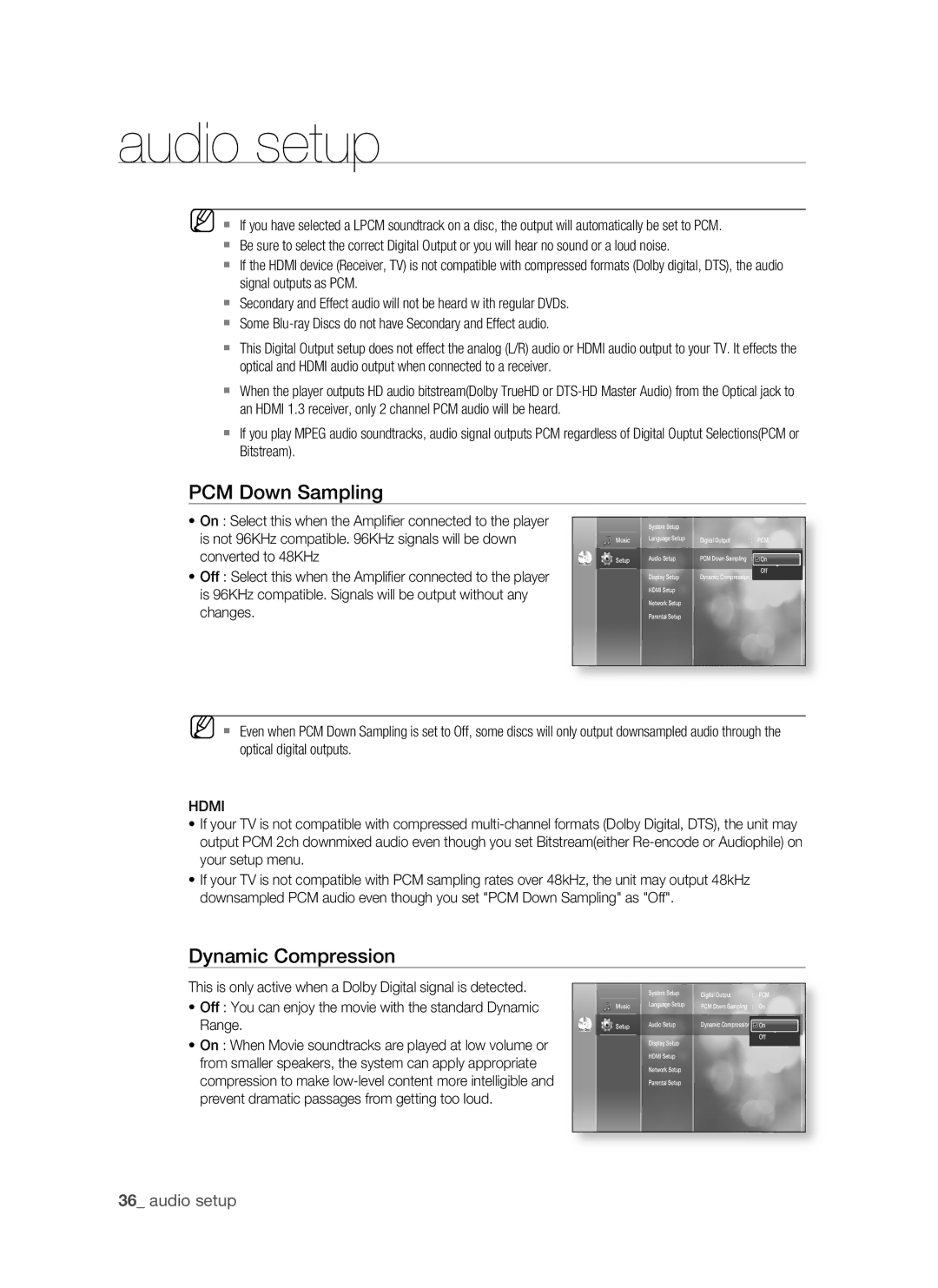 Samsung BD-P1500/MEA, BD-P1500/UMG manual PCM Down Sampling, Dynamic Compression,  audio setup 