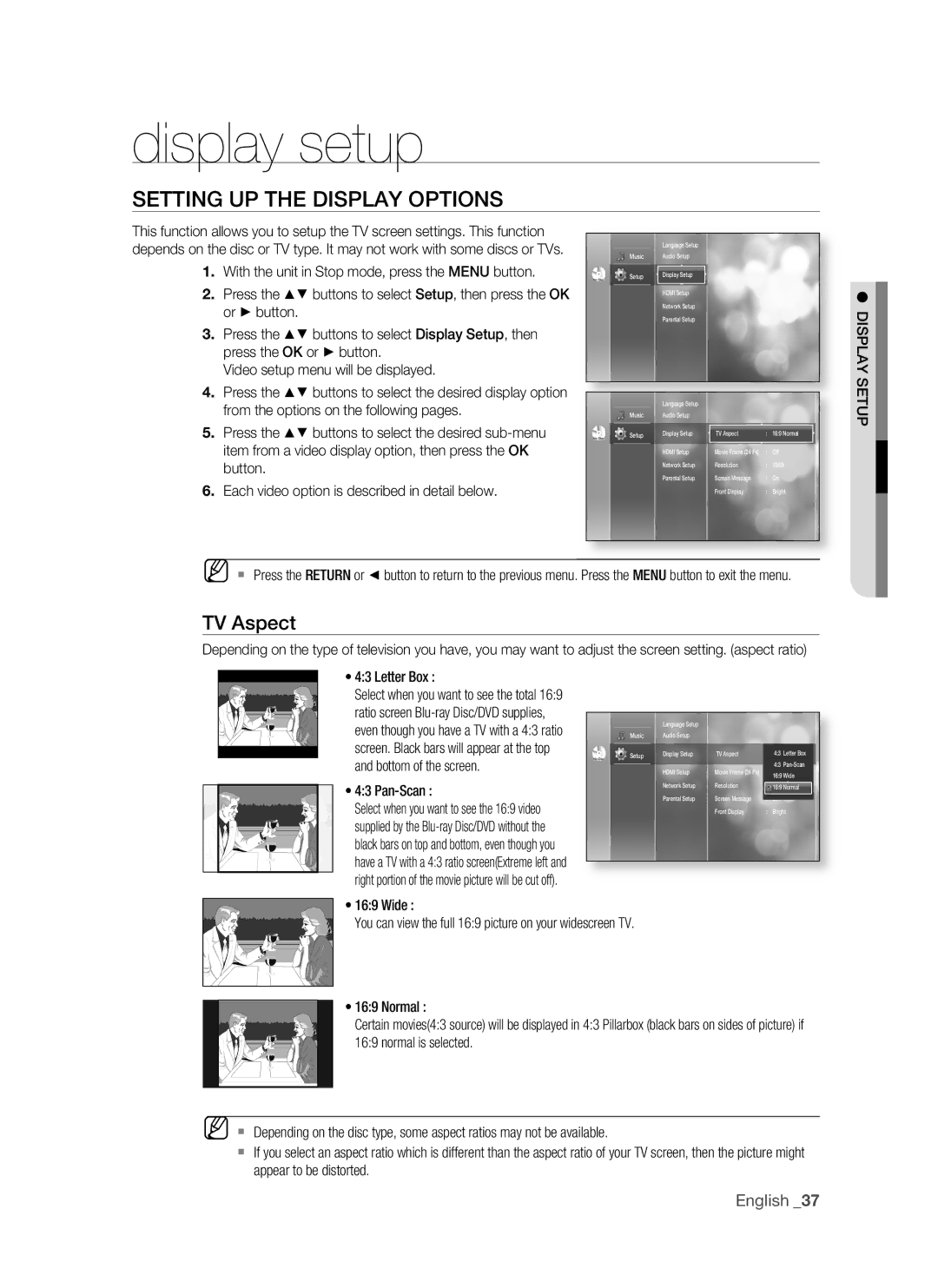 Samsung BD-P1500/UMG, BD-P1500/MEA manual Display setup, SETTing UP the DiSPLay OPTiOnS, TV aspect, Bottom of the screen 