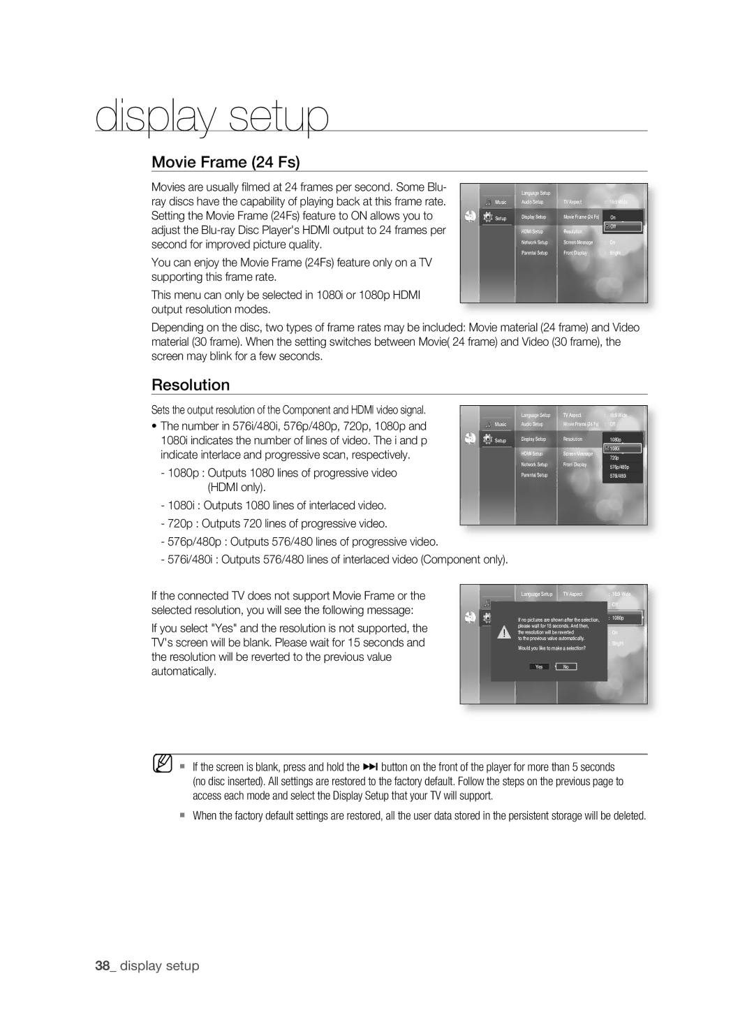 Samsung BD-P1500/MEA, BD-P1500/UMG manual Resolution,  display setup 