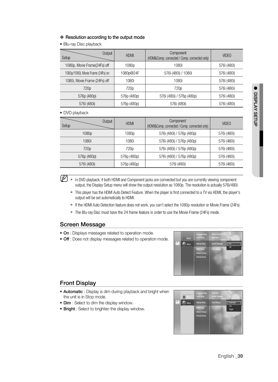 Samsung BD-P1500/UMG, BD-P1500/MEA Screen Message, Front Display, Resolution according to the output mode, Hdmi, Video 