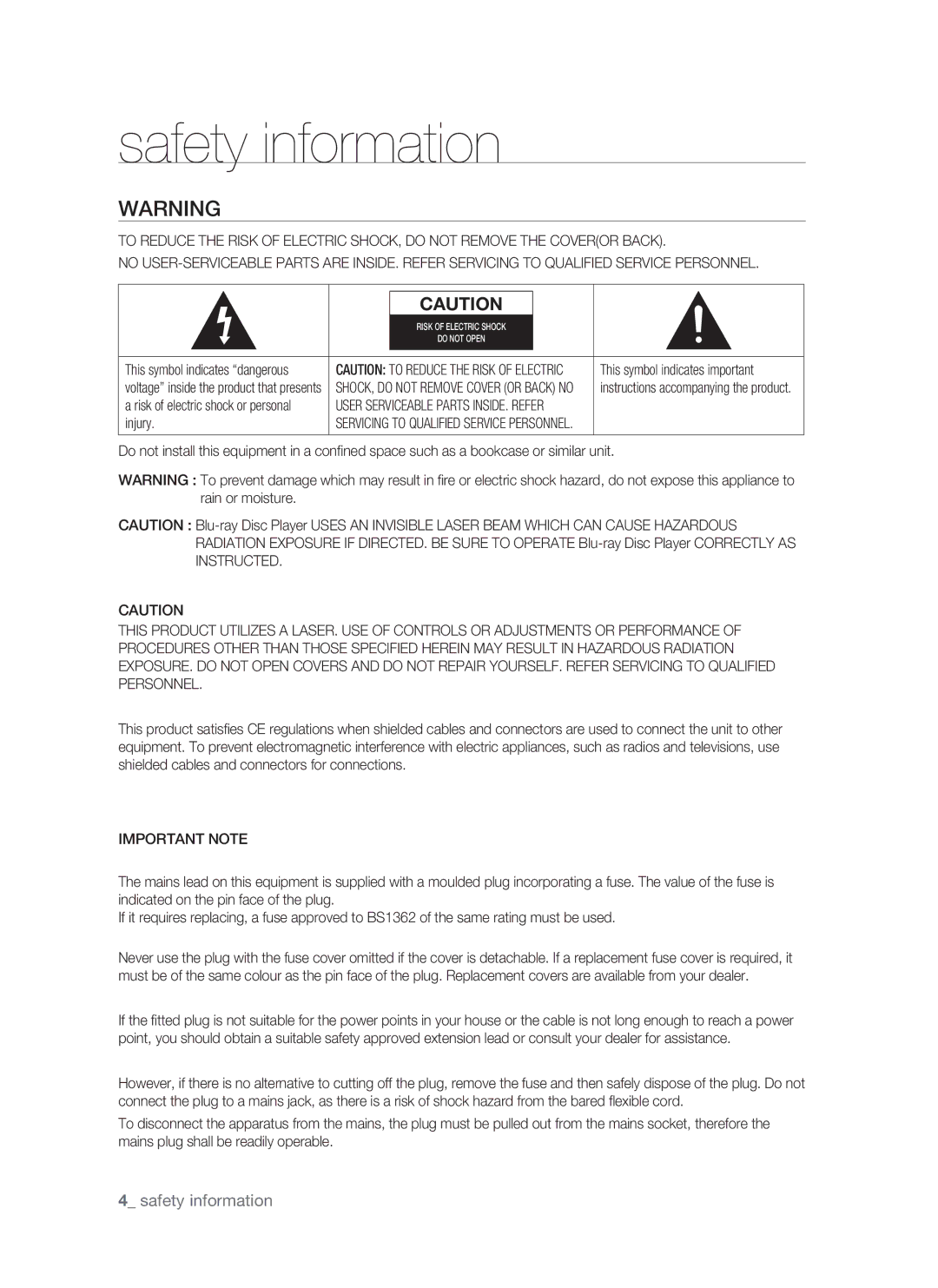 Samsung BD-P1500/MEA, BD-P1500/UMG manual Safety information,  safety information, Injury, Important Note 