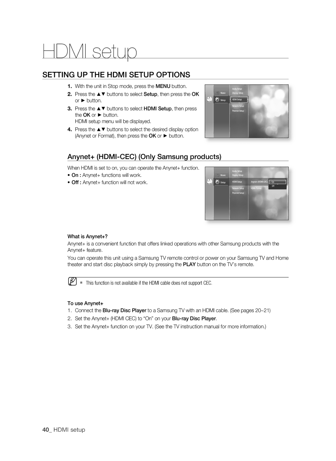 Samsung BD-P1500/MEA manual SETTing UP the HDMi Setup OPTiOnS, Anynet+ HDMi-CEC Only Samsung products, 0 Hdmi setup 