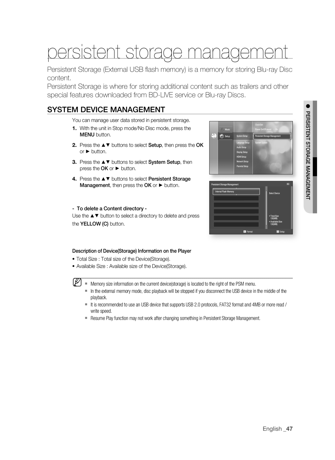 Samsung BD-P1500/UMG, BD-P1500/MEA manual Persistent storage management, SySTEM DEViCE ManagEMEnT 