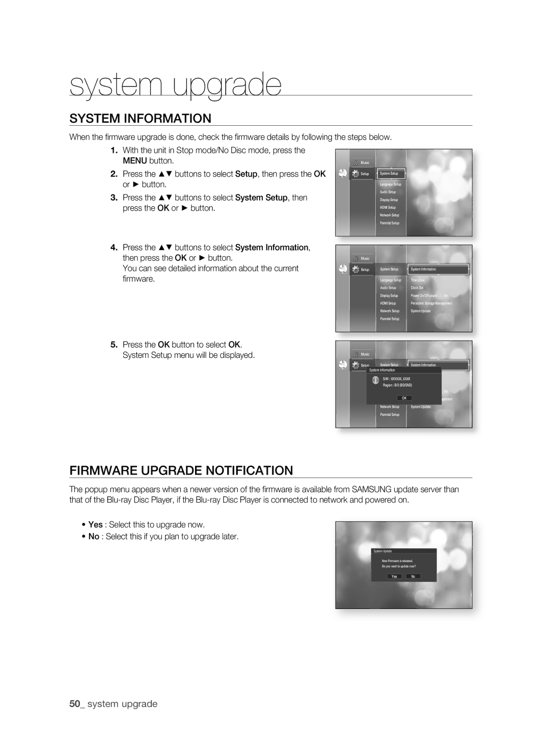 Samsung BD-P1500/MEA, BD-P1500/UMG manual SySTEM inFOrMaTiOn, FirMWarE UPgraDE nOTiFiCaTiOn, 0 system upgrade 