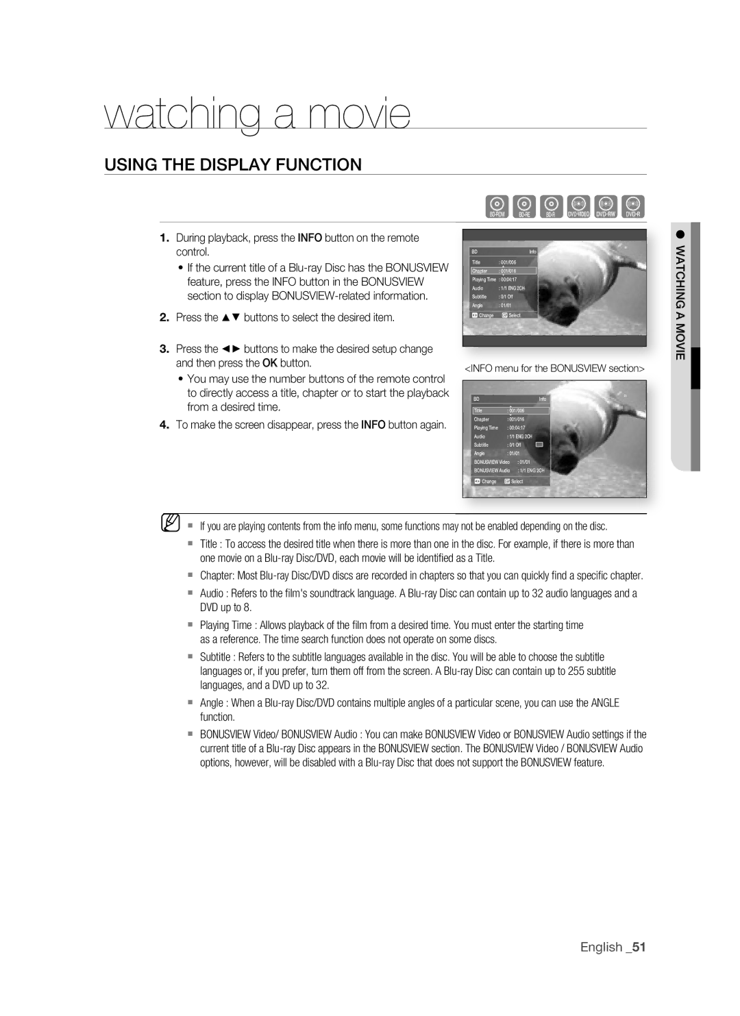 Samsung BD-P1500/UMG, BD-P1500/MEA manual Watching a movie, USing the DiSPLay FUnCTiOn 