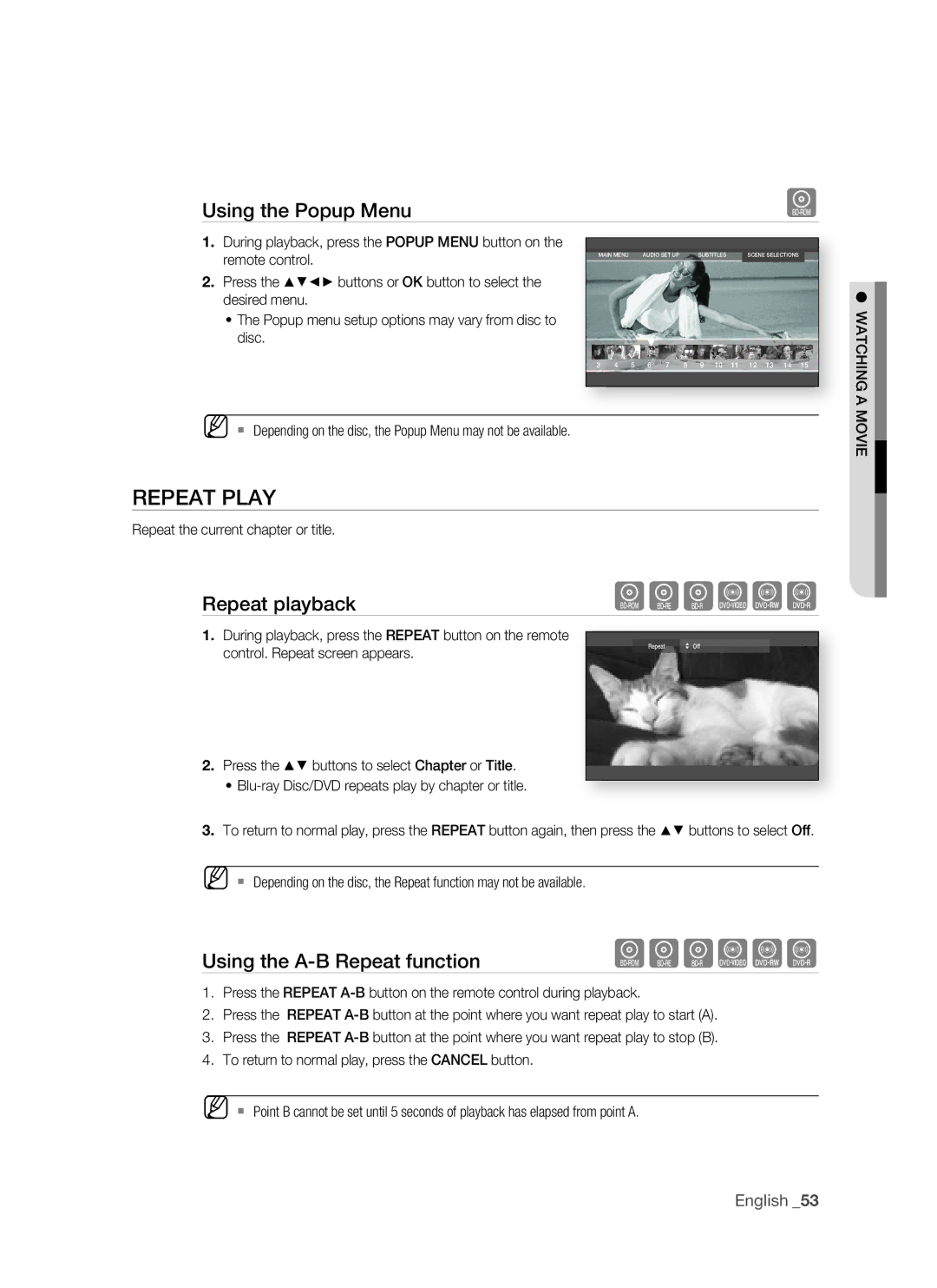 Samsung BD-P1500/UMG, BD-P1500/MEA manual REPEaT PLay, Using the Popup Menu, Repeat playback, Using the a-B repeat function 